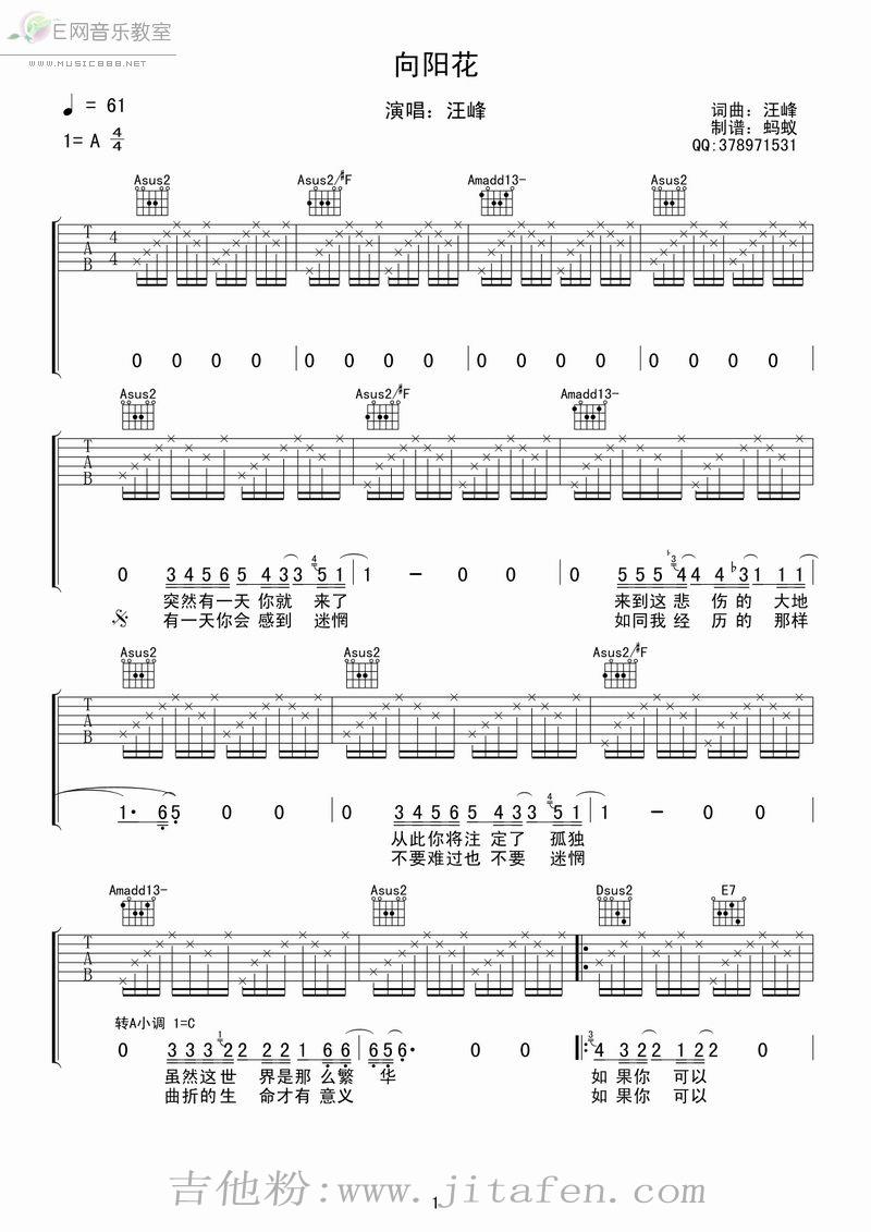向阳花-汪峰(吉他谱_蚂蚁编配完整版) 吉他谱