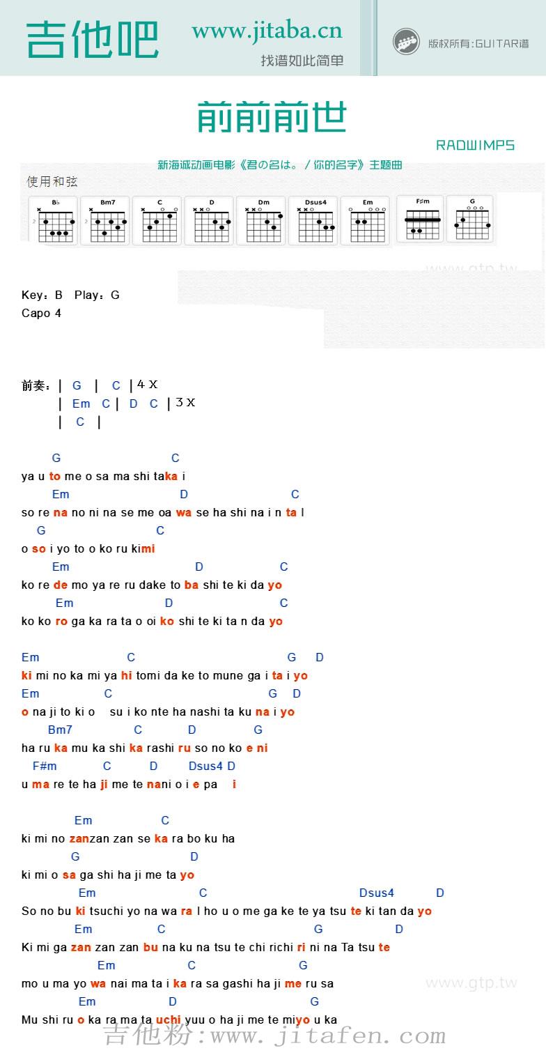 前前前世吉他谱_新海诚动画电影《你的名字》主题曲 吉他谱