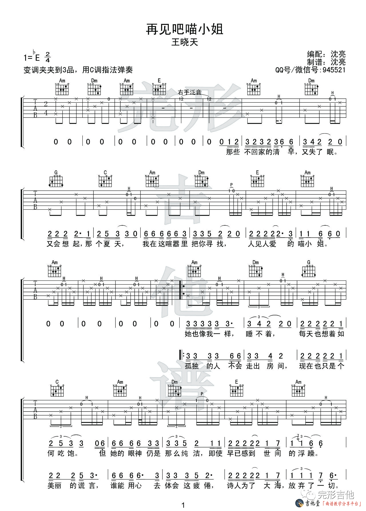 《再见吧喵小姐》吉他谱_附弹唱演示_王晓天 吉他谱