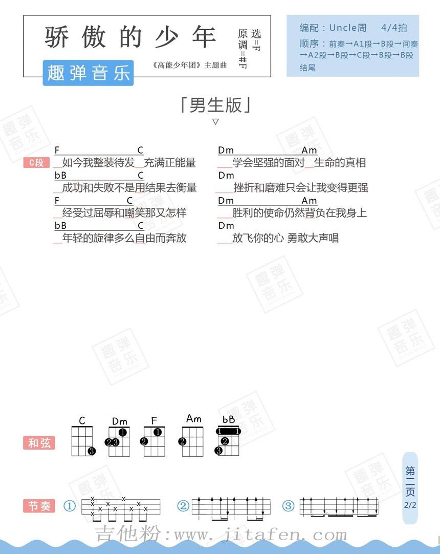 高能少年团主题曲骄傲的少年尤克里里谱 吉他谱