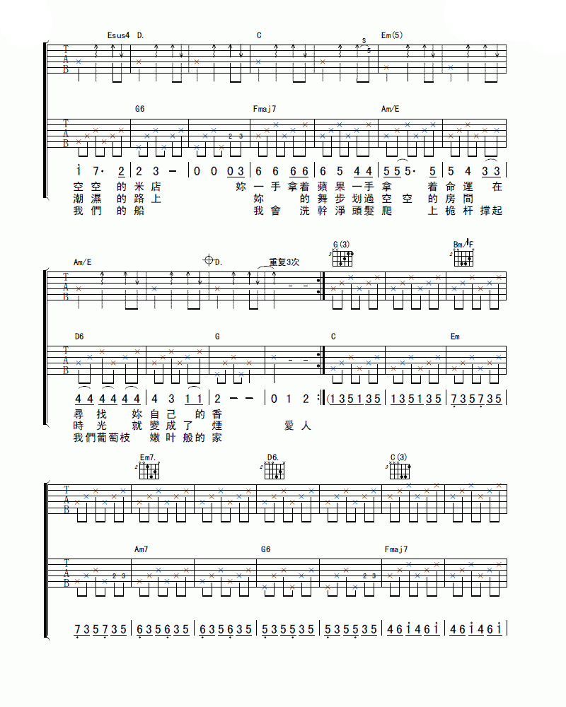 张玮玮 米店吉他谱 C调双吉他版 吉他谱