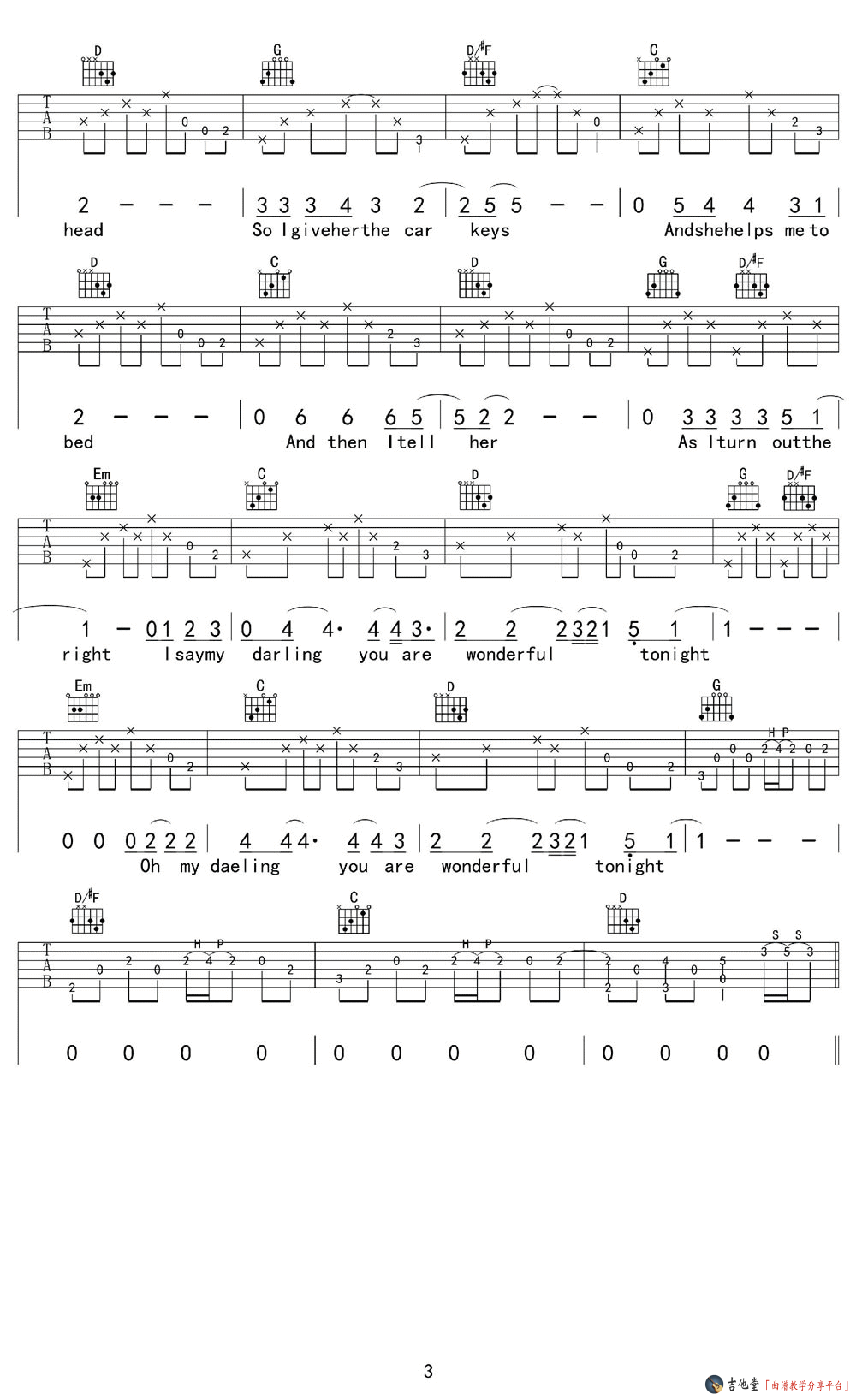 《Wonderful Tonight》吉他谱_Eric Clapton_弹唱六线谱附弹唱演示 吉他谱