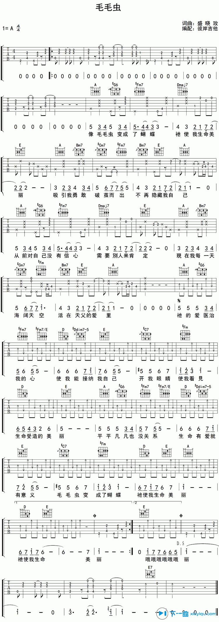 毛毛虫吉他谱A调_盛晓玫毛毛虫六线谱 吉他谱