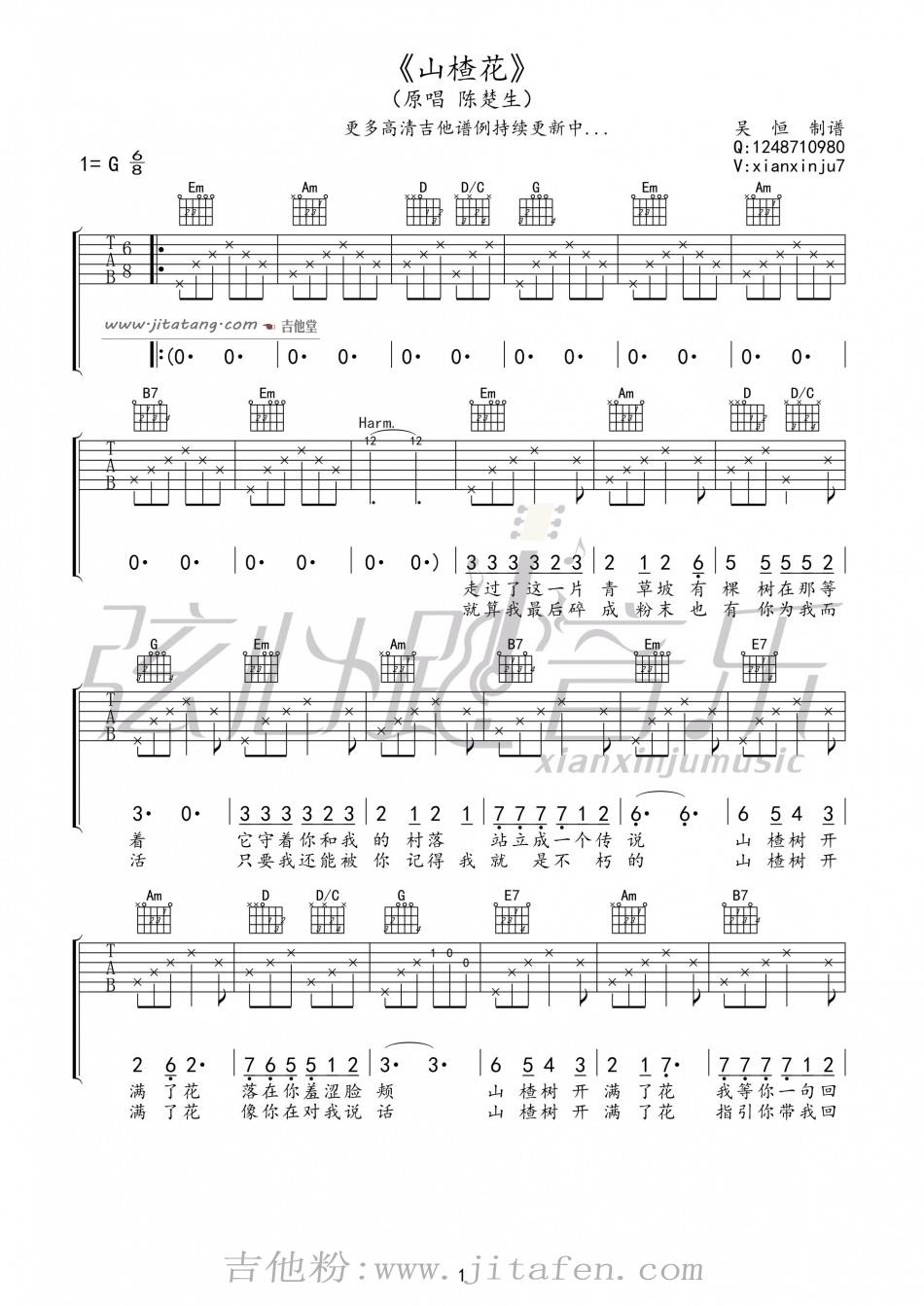 山楂花吉他谱_陈楚生山楂花吉他伴奏弹唱谱 吉他谱