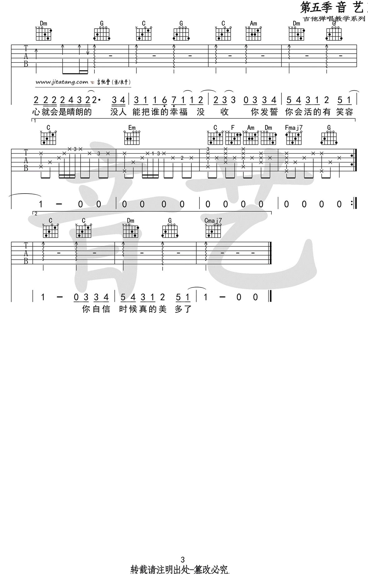 《分手快乐》吉他谱_梁静茹_C调高清六线谱 吉他谱