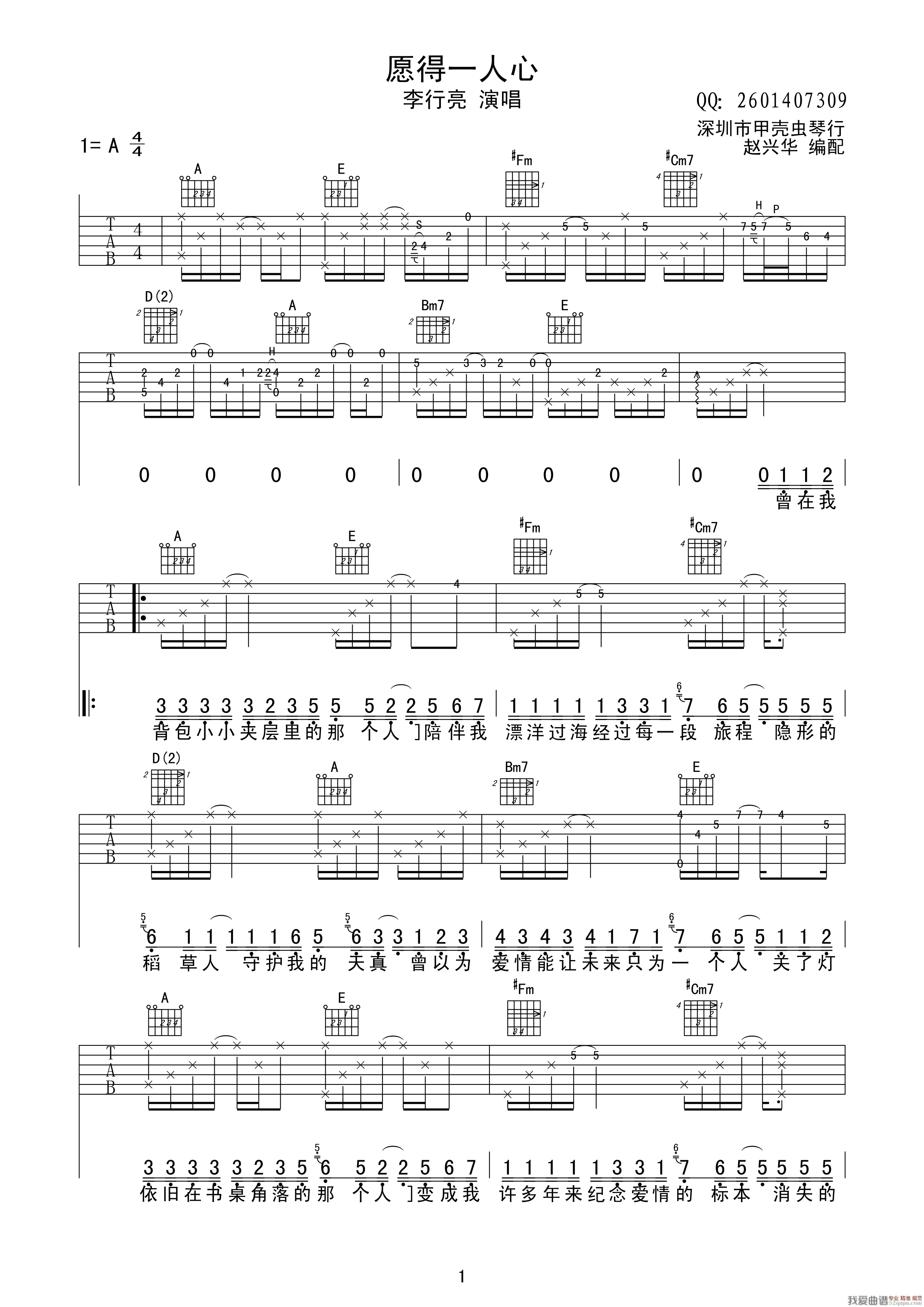 愿得一人心（赵兴华编配版） 吉他谱