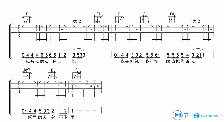 哪里的天空不下雨吉他谱C调（六线谱）_黄凯芹 吉他谱
