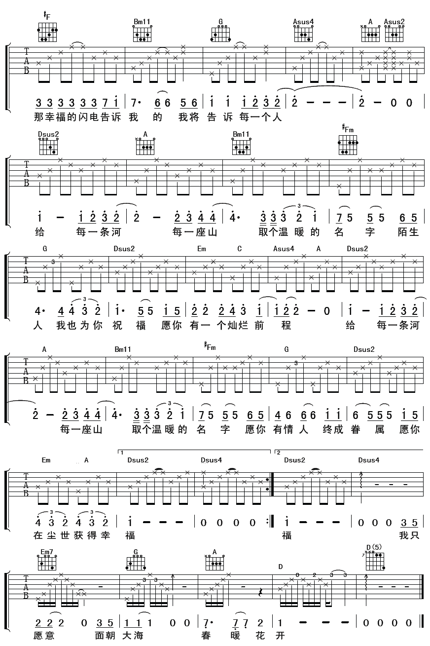 胡畔 面朝大海春暖花开 吉他谱