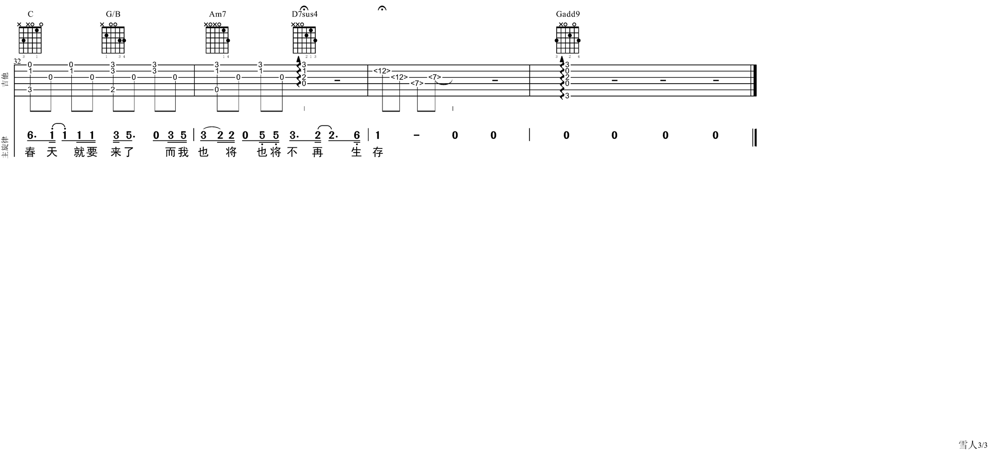 《雪人》吉他谱_范晓萱_《雪人》原版谱 吉他谱