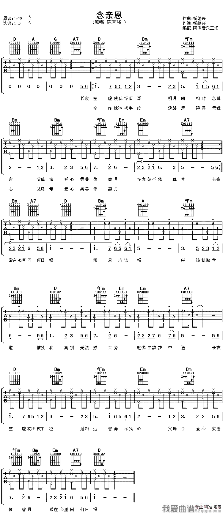 陈百强《念亲恩》吉他谱/六线谱 吉他谱