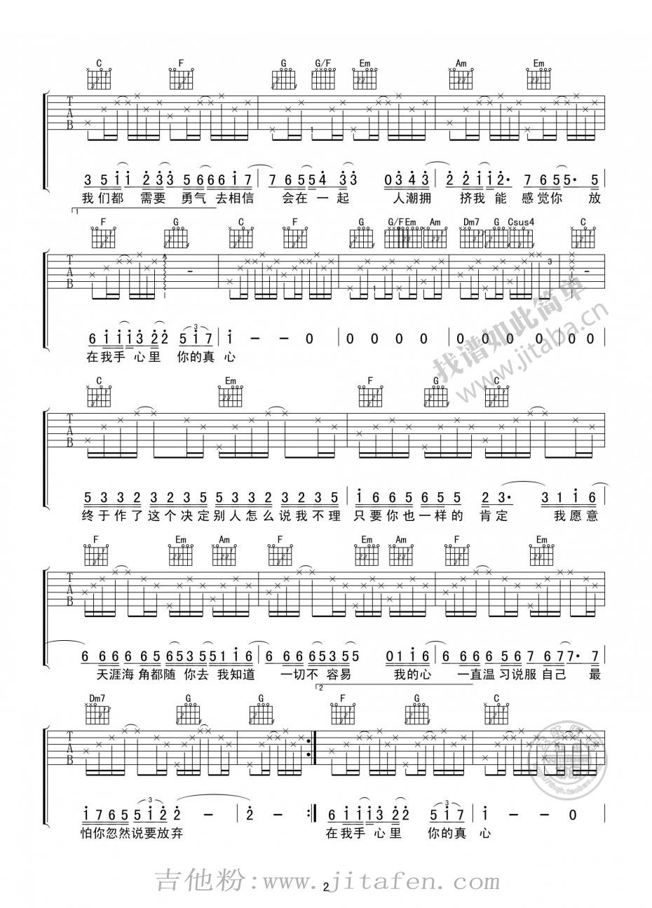 梁静茹 勇气吉他谱C调_勇气图片谱高清版 吉他谱