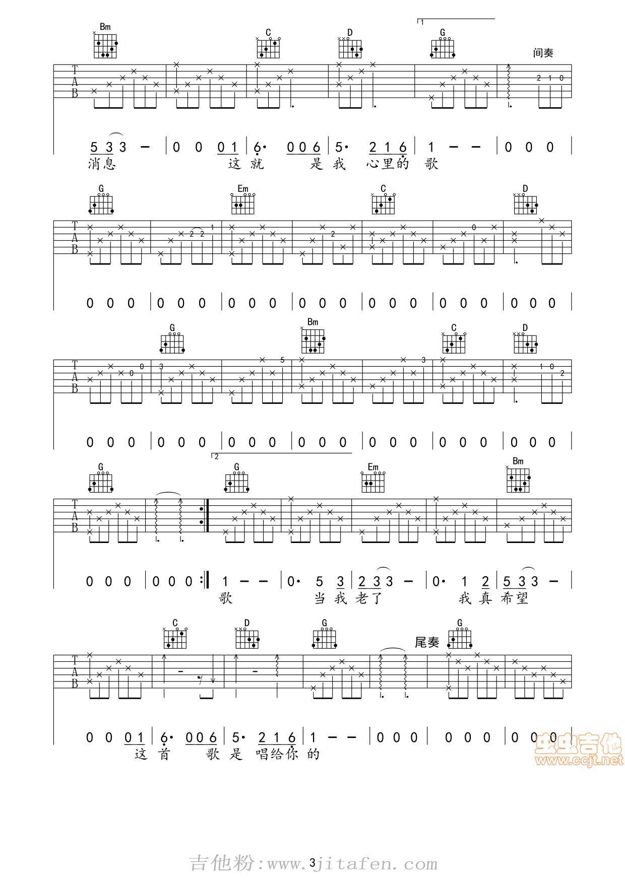 当你老了（G调） 吉他谱