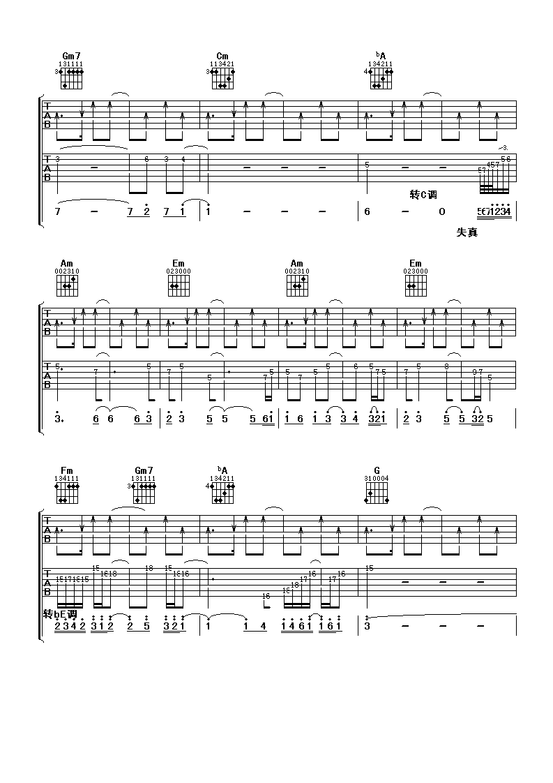 周杰伦 屋顶吉他谱六线谱 C调 吉他谱
