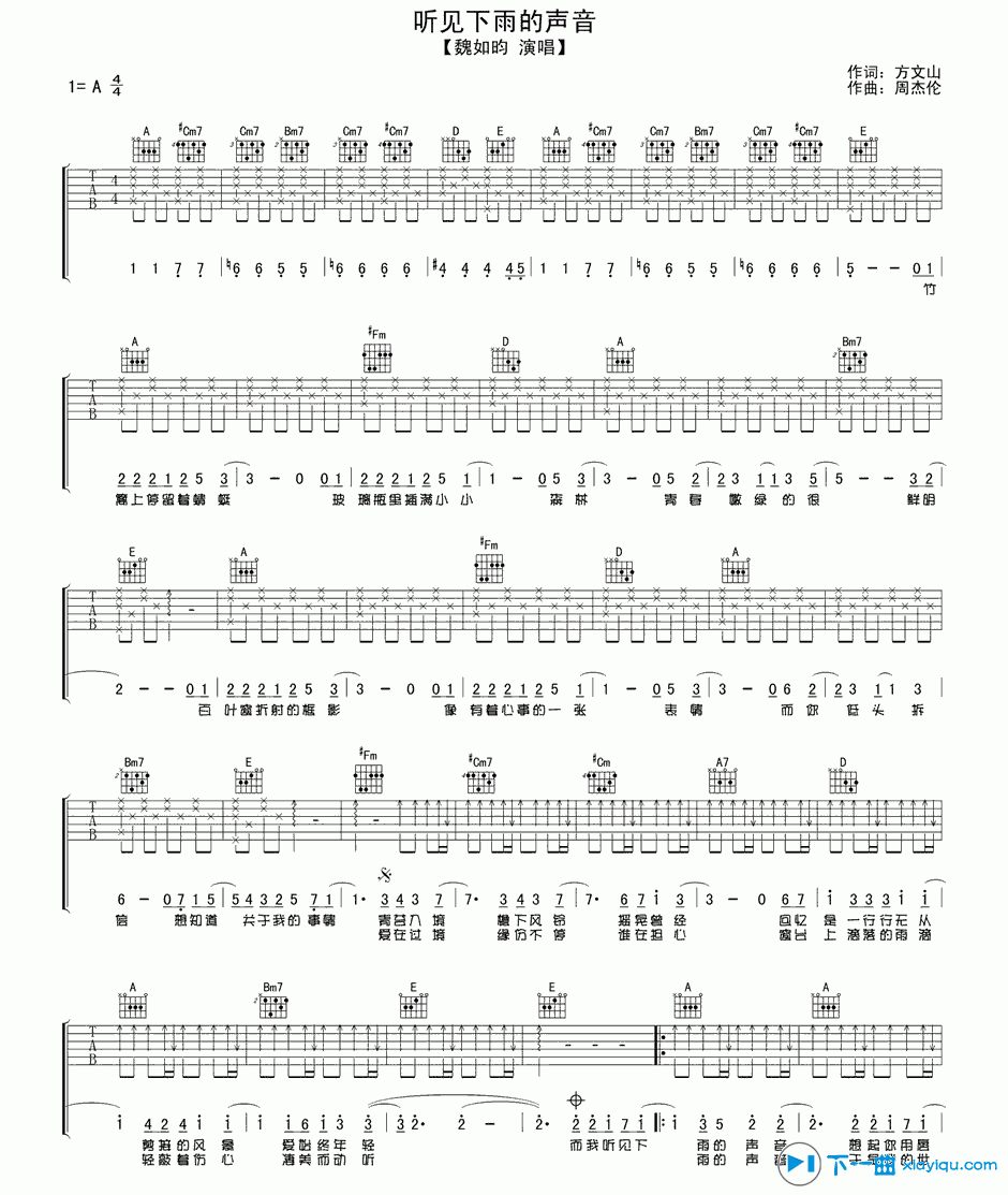 听见下雨的声音吉他谱A调_魏如昀听见下雨的声音六线谱 吉他谱