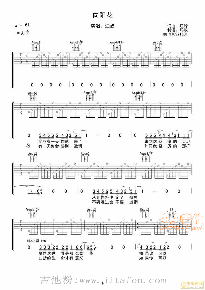 【全网首发】汪峰《向阳花》完整版吉他谱【蚂蚁制谱】 吉他谱