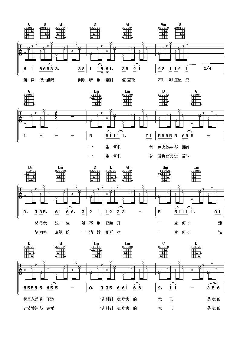 陈百强 一生何求吉他谱 谱天下版 吉他谱