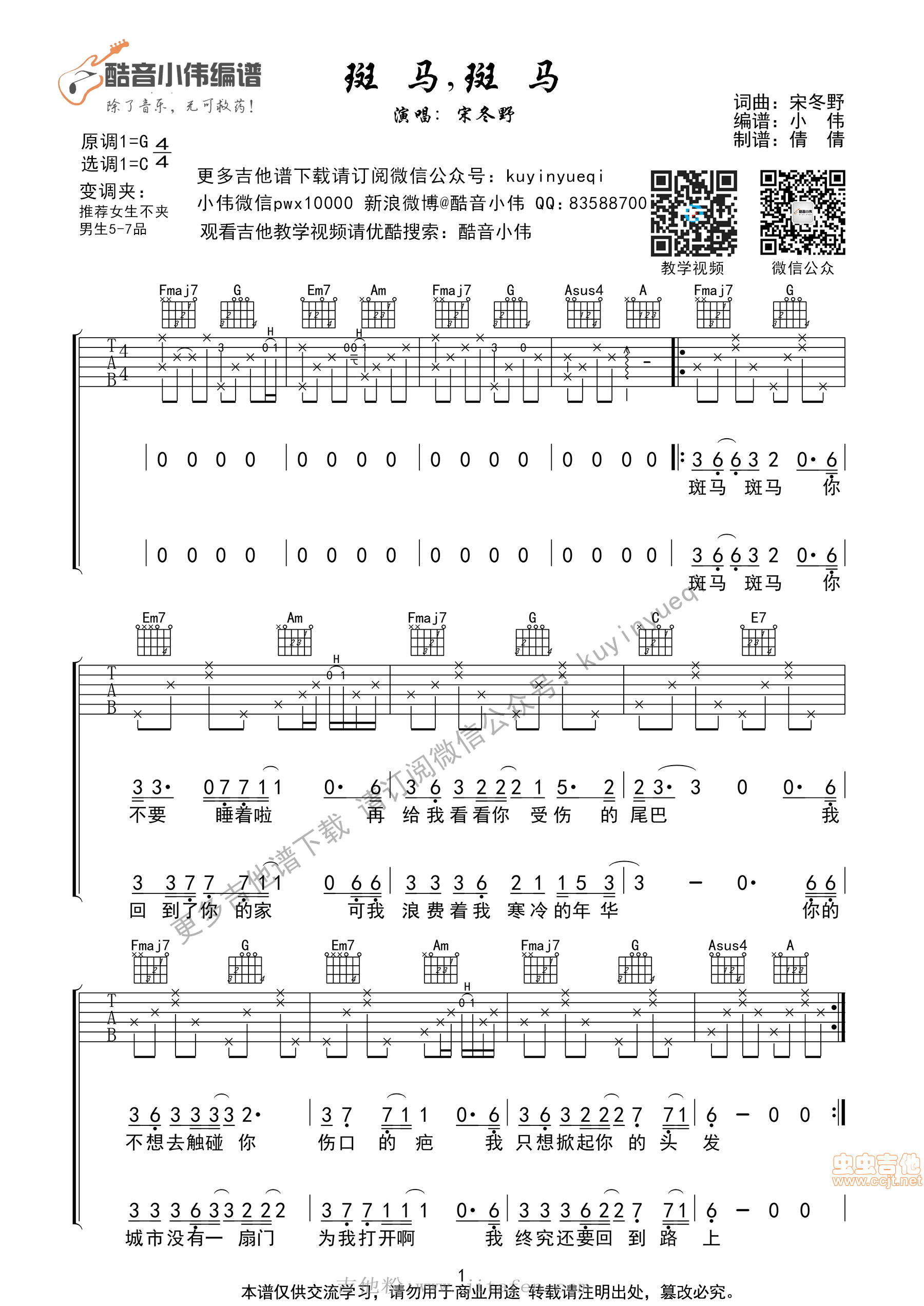 《斑马，斑马》C调带前奏间奏尾奏[超好听&简单弹]编谱 吉他谱