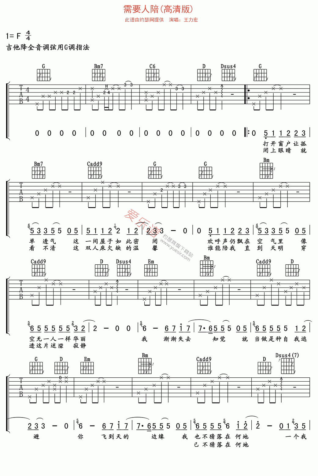 王力宏《需要人陪(高清版)》 吉他谱