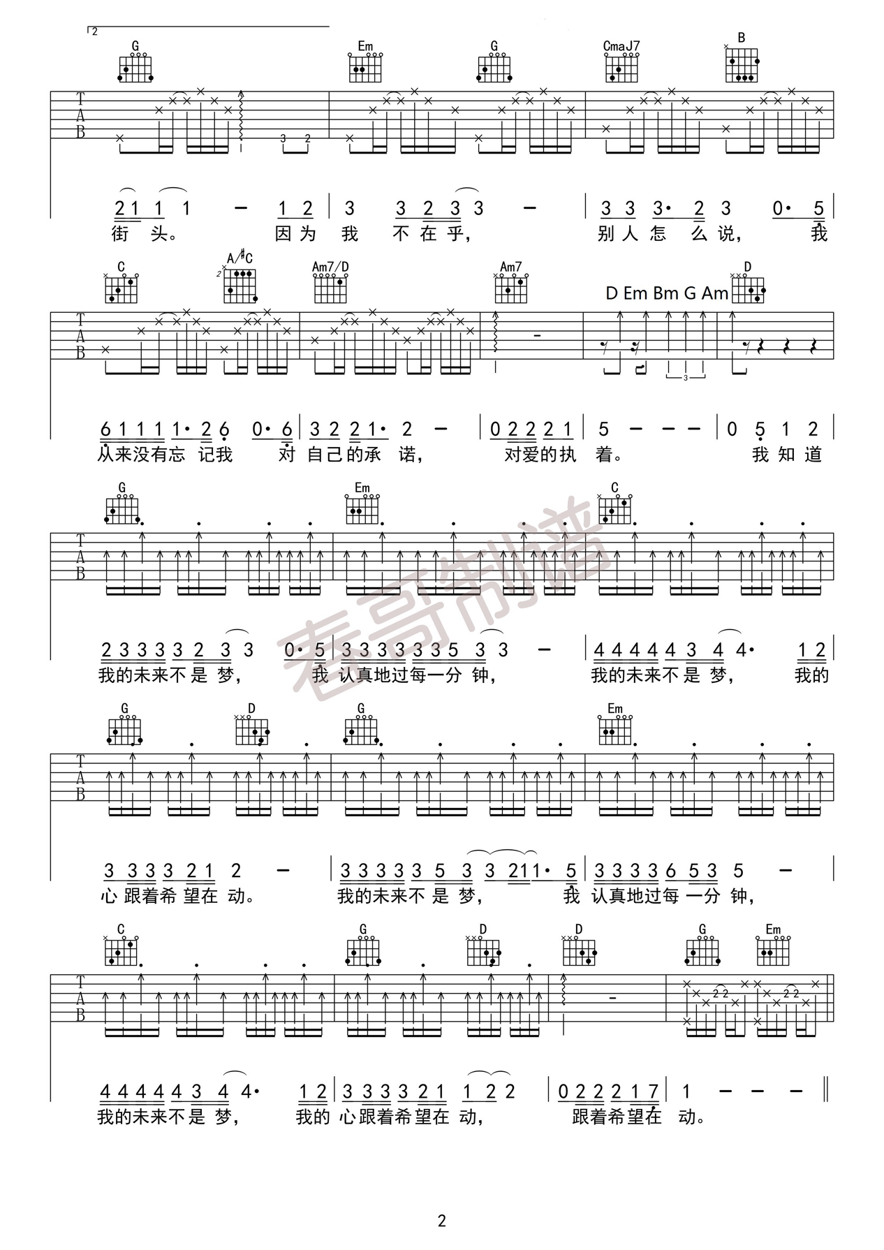我的未来不是梦吉他谱 张雨生 G调高清版弹唱谱 吉他谱