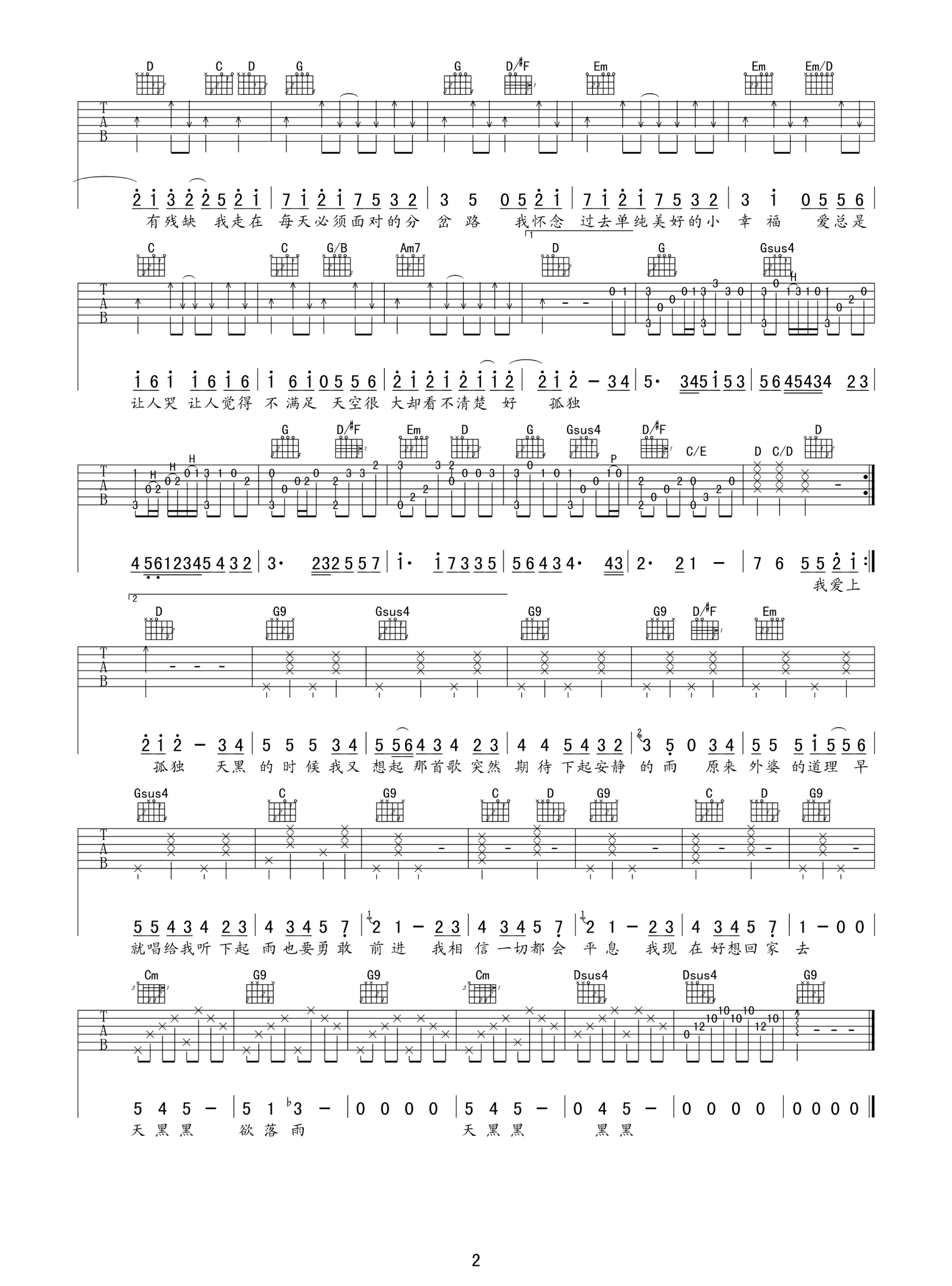 孙燕姿 天黑黑吉他谱 G调高清版 吉他谱