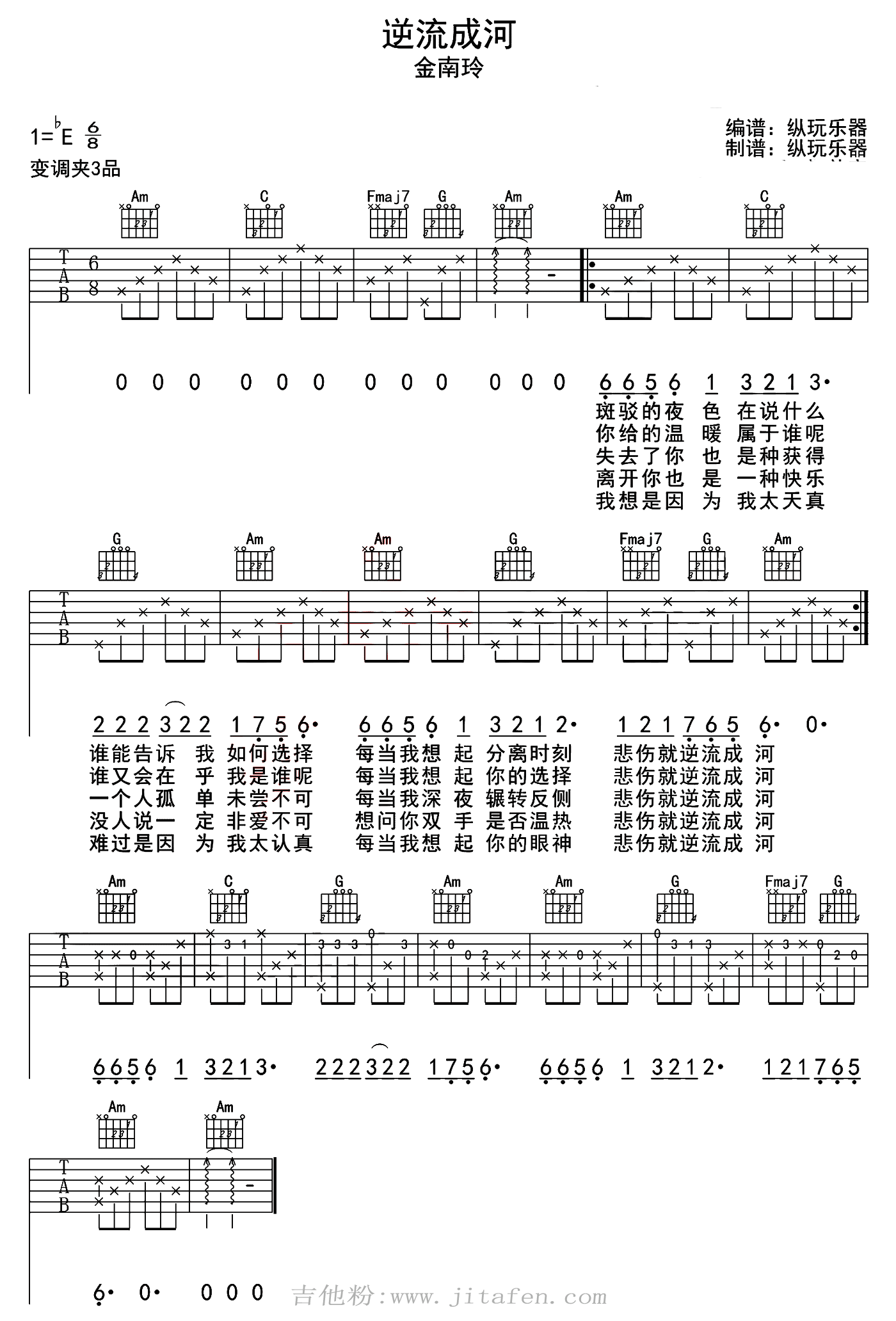 金南玲-逆流成河吉他谱（多版本）歌词 吉他谱