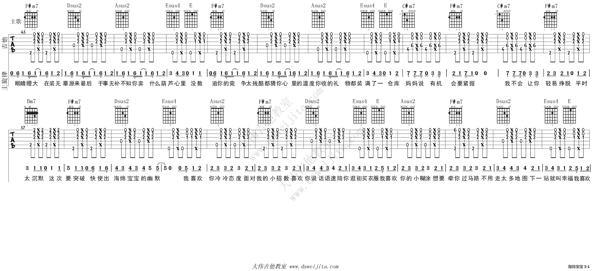 回音哥《海绵宝宝》吉他谱_吉他弹唱教学 吉他谱