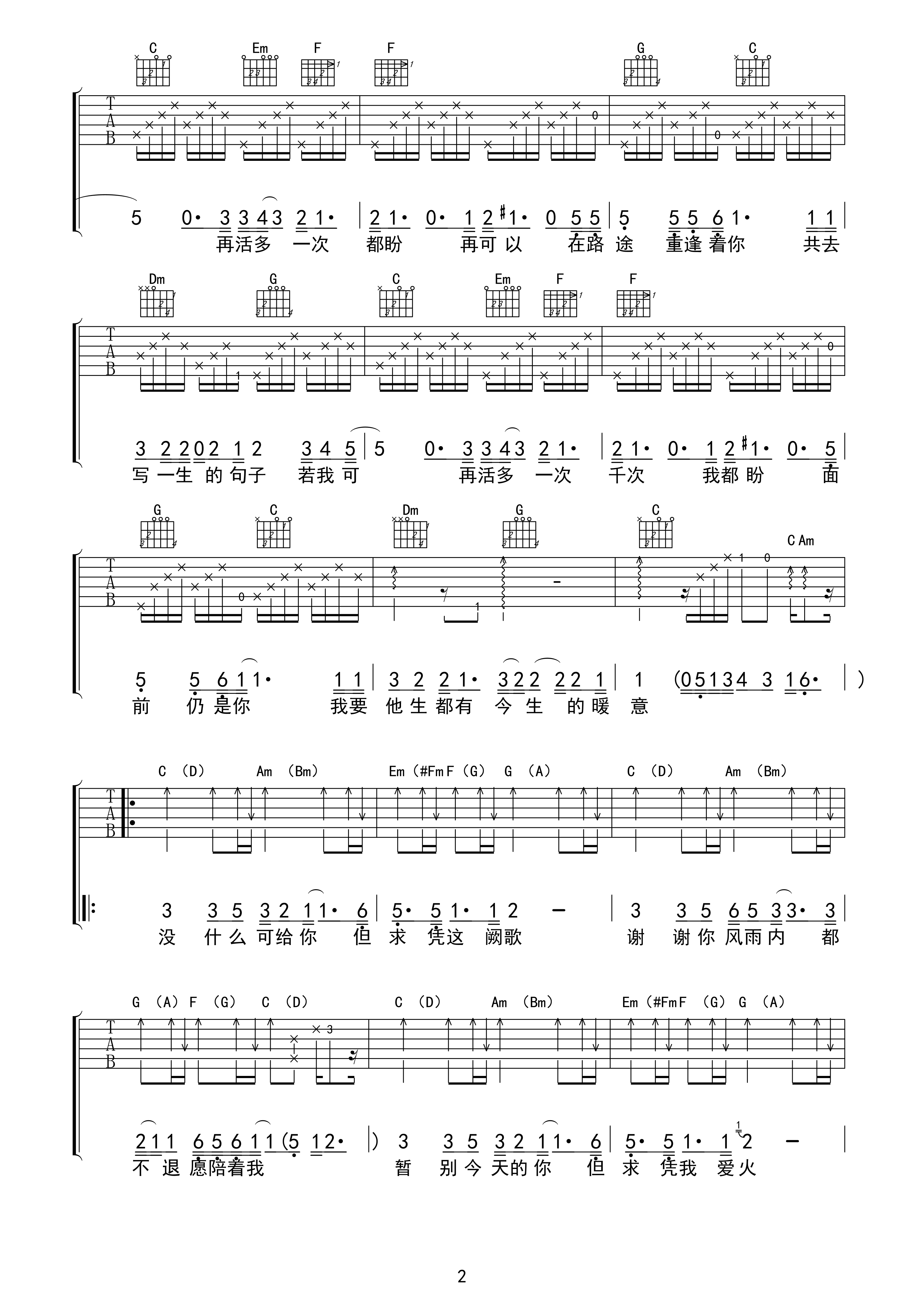 张国荣 共同渡过吉他谱 C调高清版 吉他谱