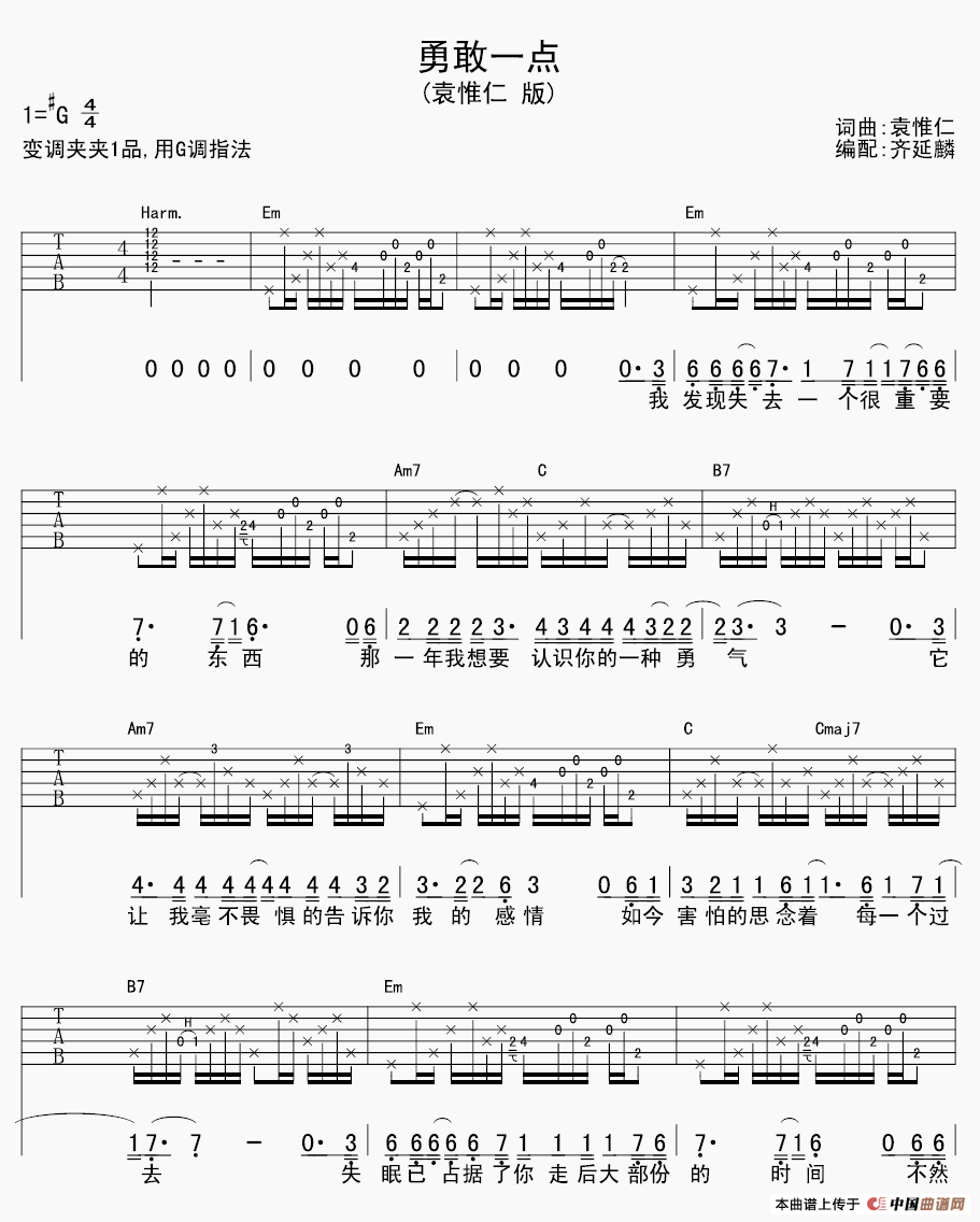 袁惟仁《勇敢一点》吉他谱/六线谱 吉他谱