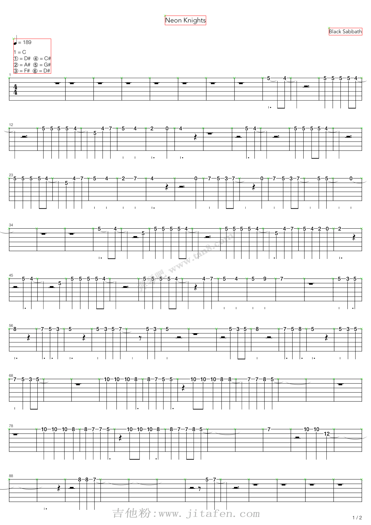 Neon Knights 吉他谱