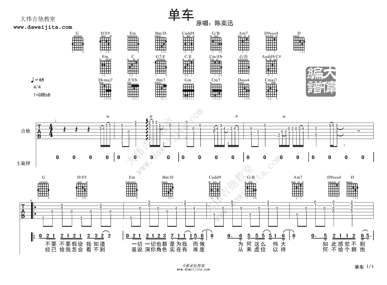 陈奕迅《单车》吉他谱  吉他谱