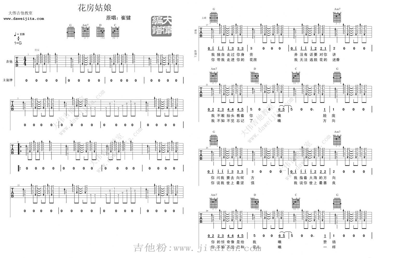 崔健《花房姑娘》吉他谱_吉他弹唱视频教学 吉他谱