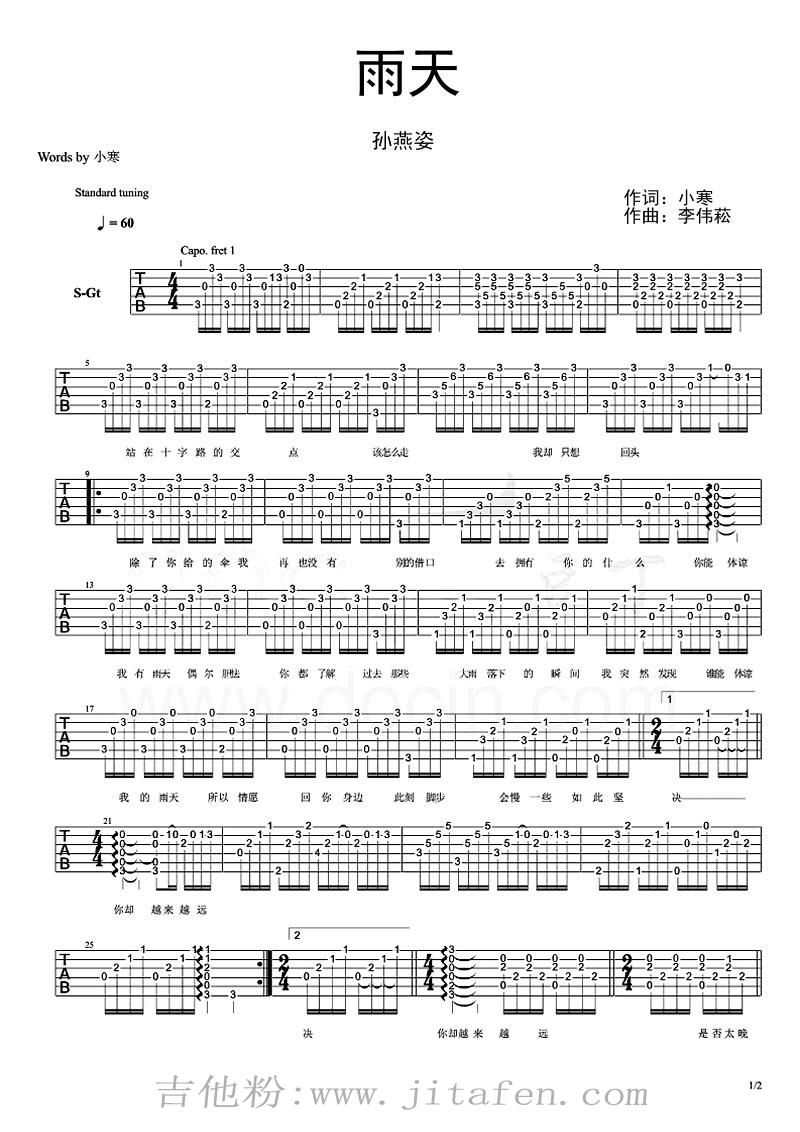 雨天吉他谱_孙燕姿_雨天六线谱(图片谱) 吉他谱
