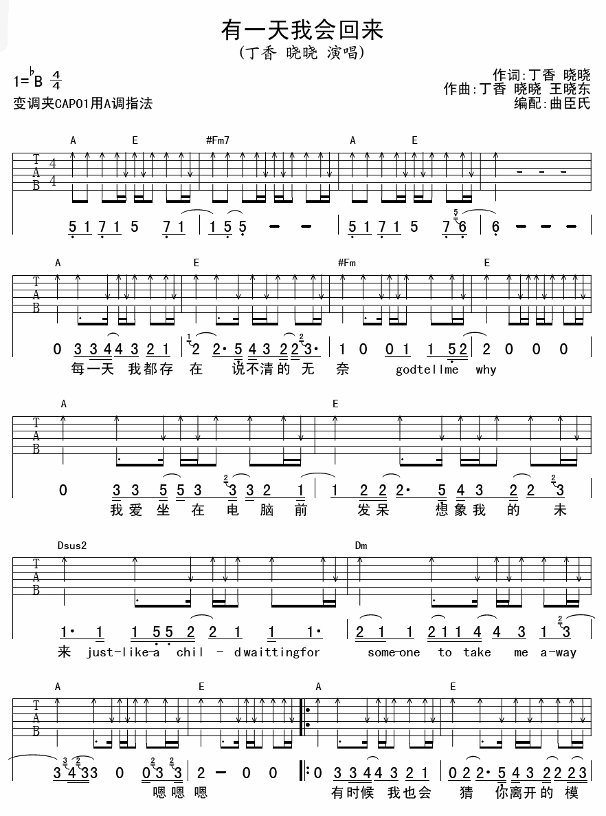 丁香&晓晓 有一天我会回来 吉他谱