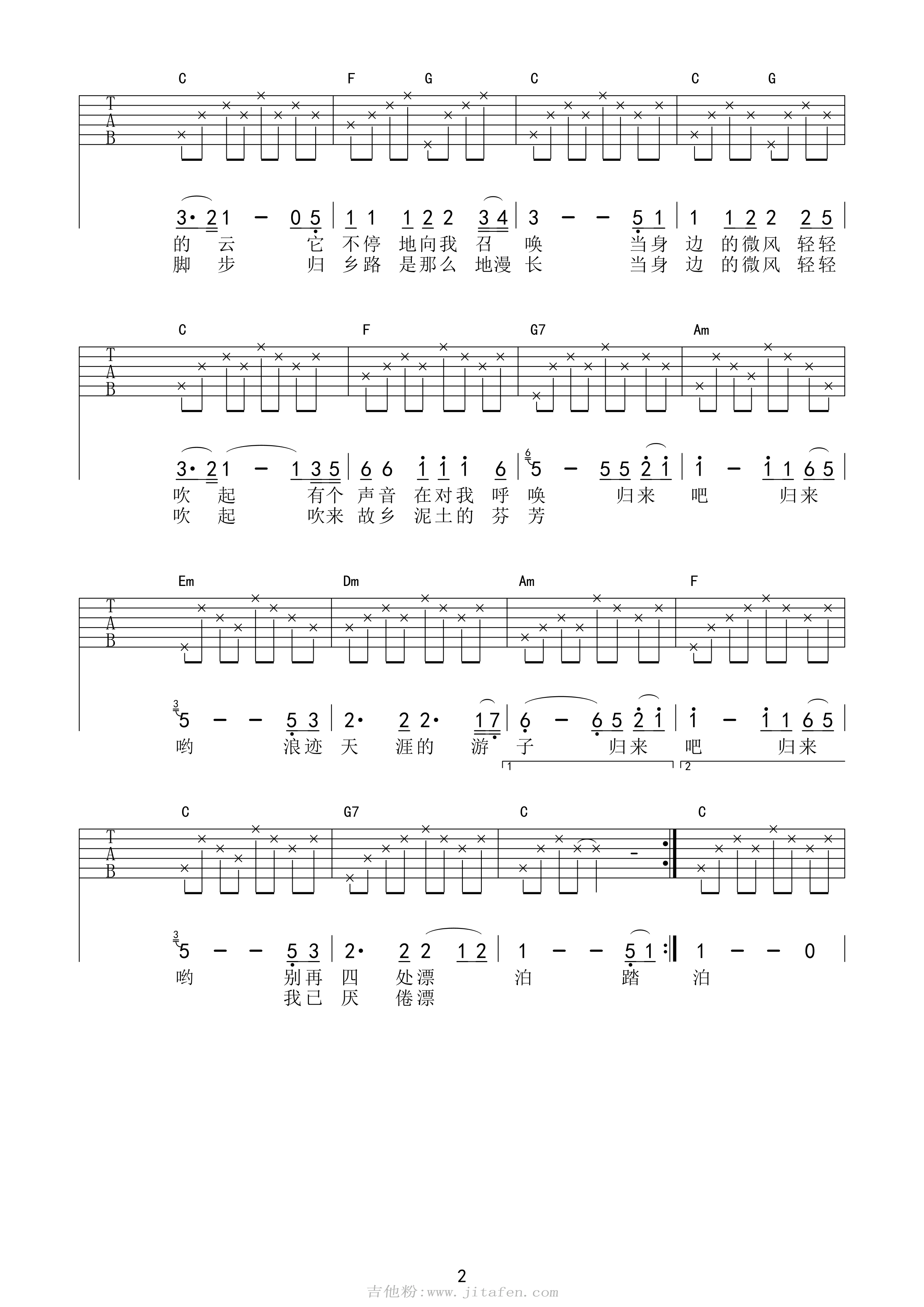费翔 故乡的云吉他谱 C调高清版 吉他谱