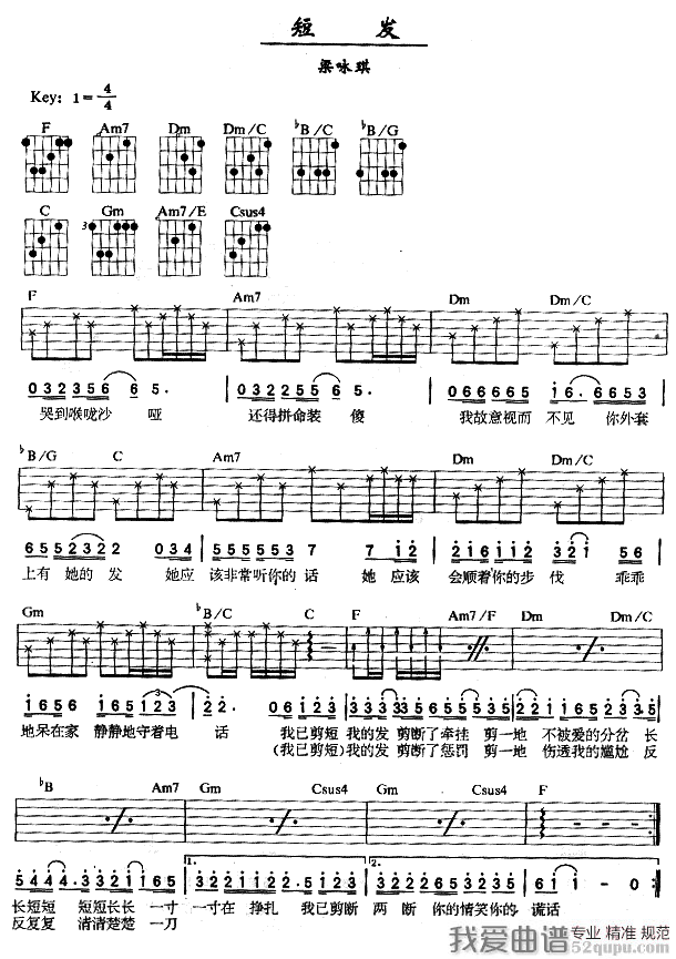 梁咏琪《短发》吉他谱/六线谱 吉他谱