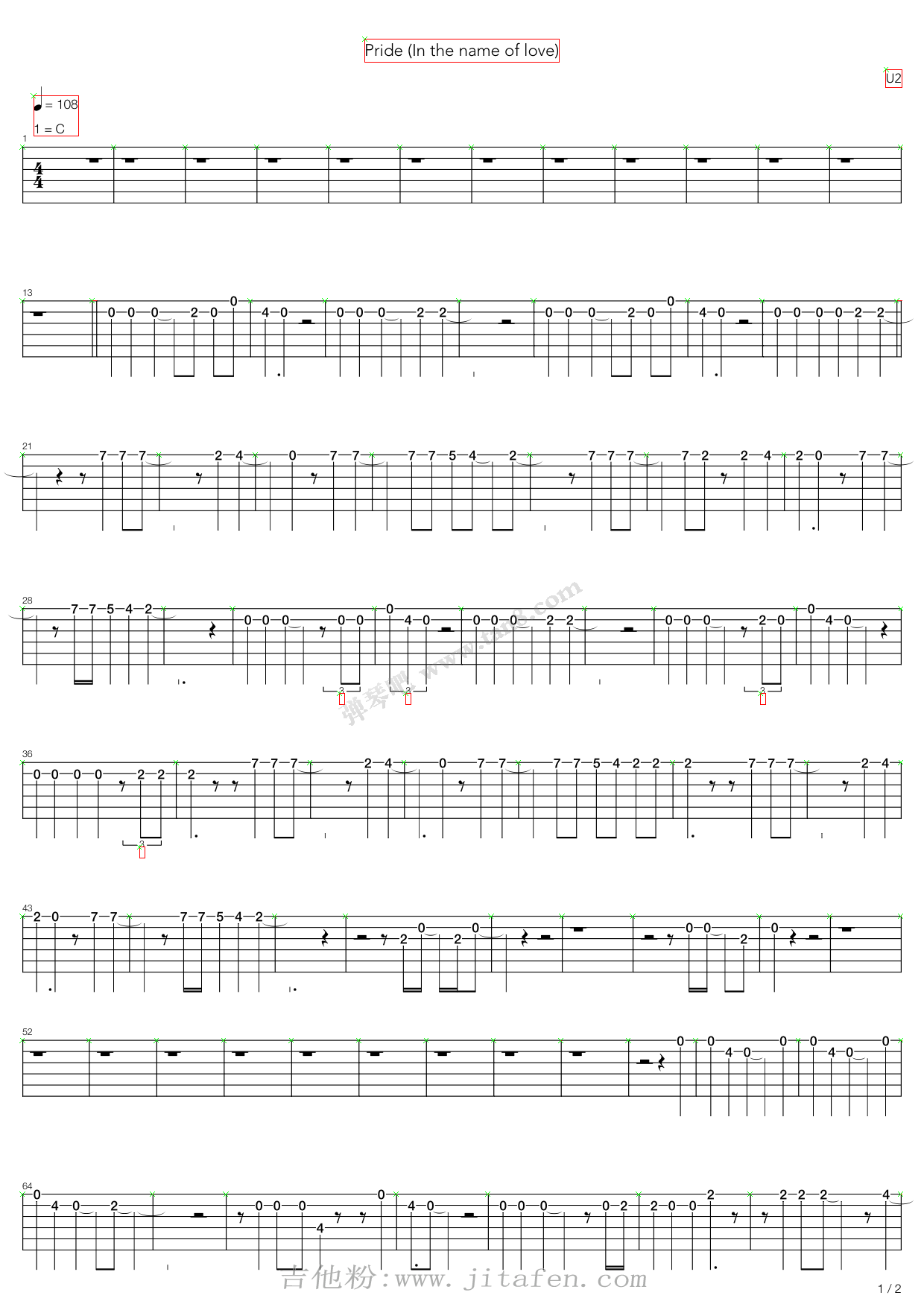 Pride In The Name Of Love 吉他谱