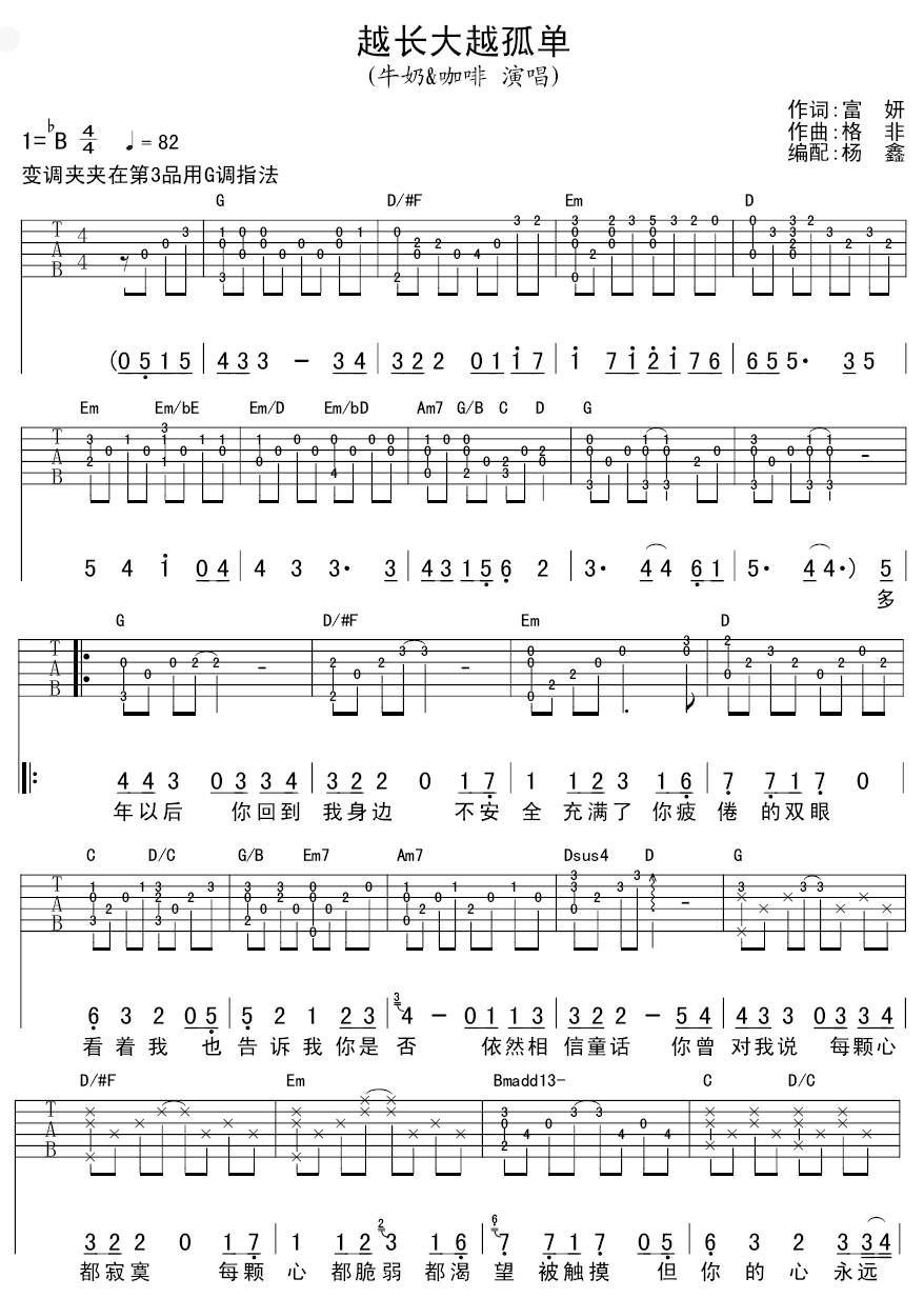 牛奶咖啡 越长大越孤单 吉他谱