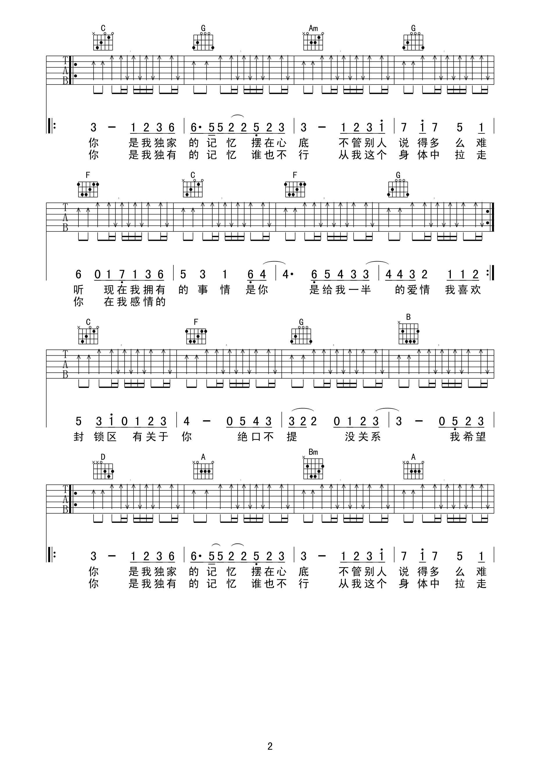 独家记忆吉他谱 陈小春 C调版高清弹唱谱 吉他谱