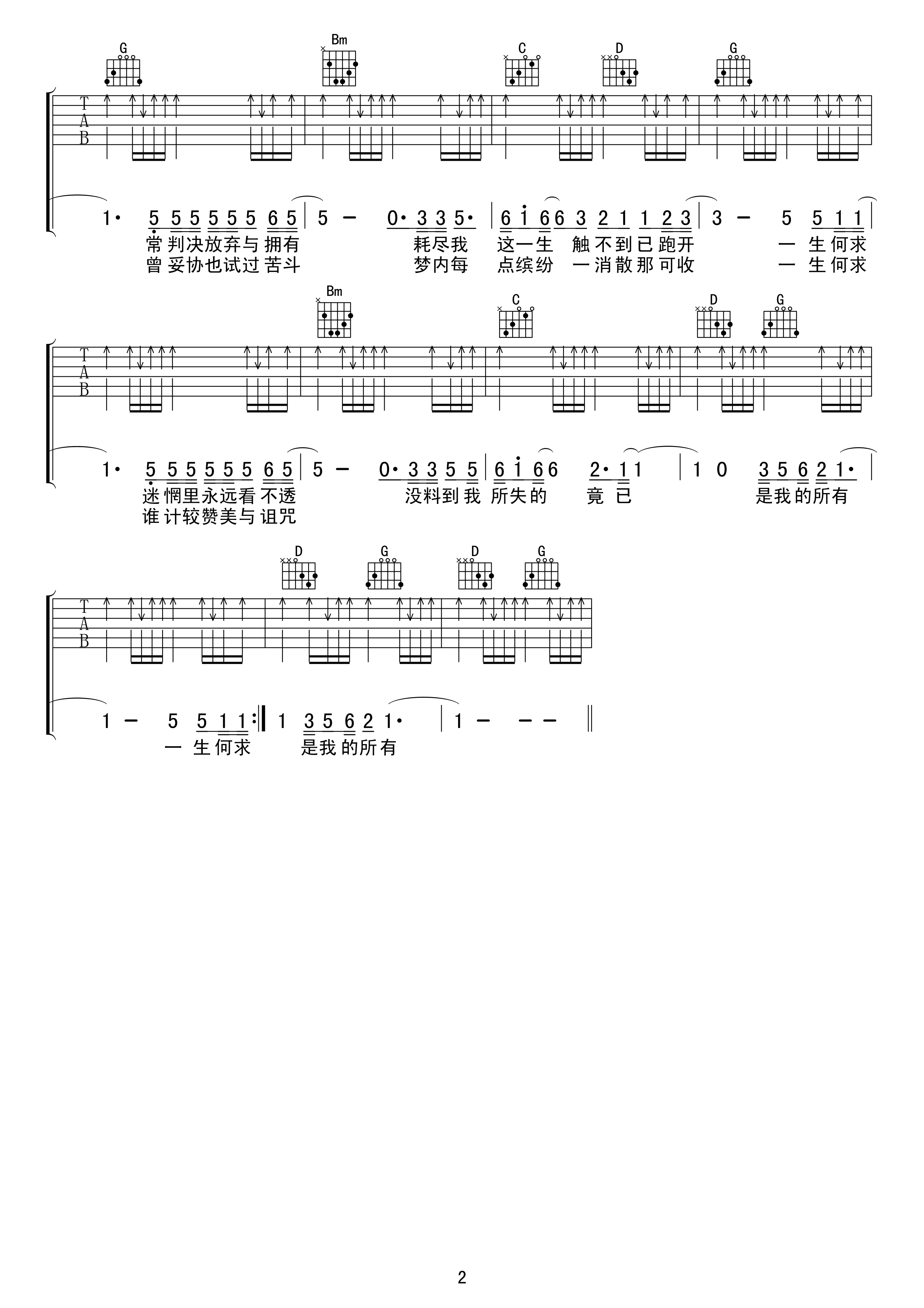 陈百强 一生何求吉他谱 G调高清版 吉他谱