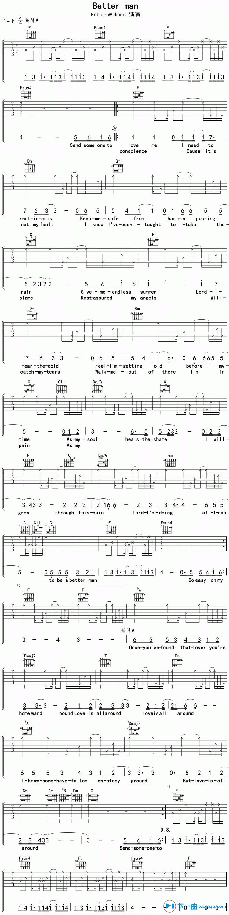 Better man吉他谱F调(六线谱)_robbie williams 吉他谱