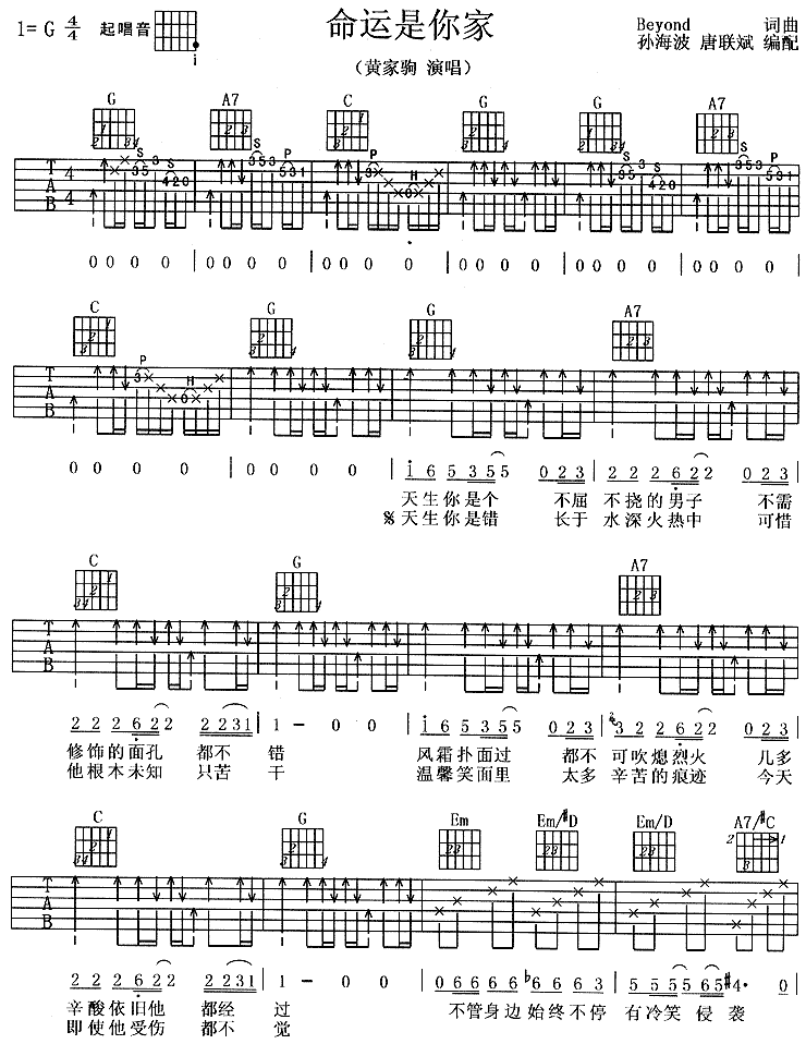命运是你家－Beyond(吉他谱) 吉他谱