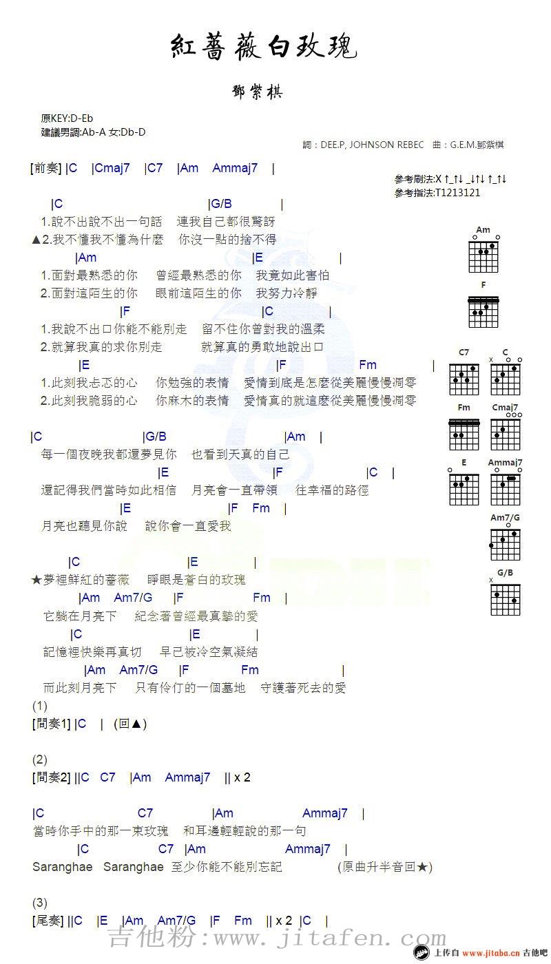 红蔷薇白玫瑰吉他谱_邓紫棋《眼鼻嘴》TXT六线谱 吉他谱