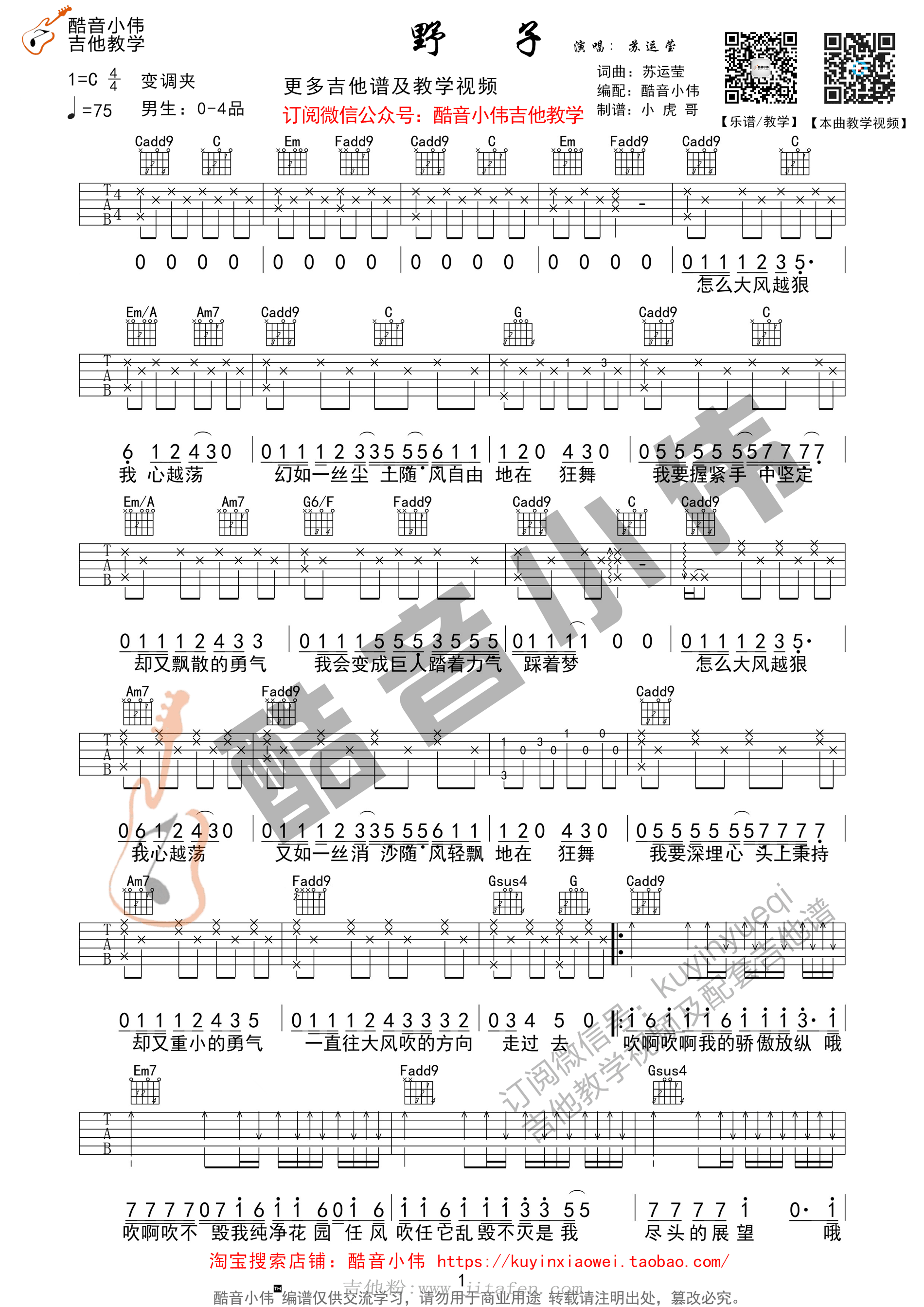 野子吉他谱 苏运莹 C调原版编配（弹唱教学） 吉他谱