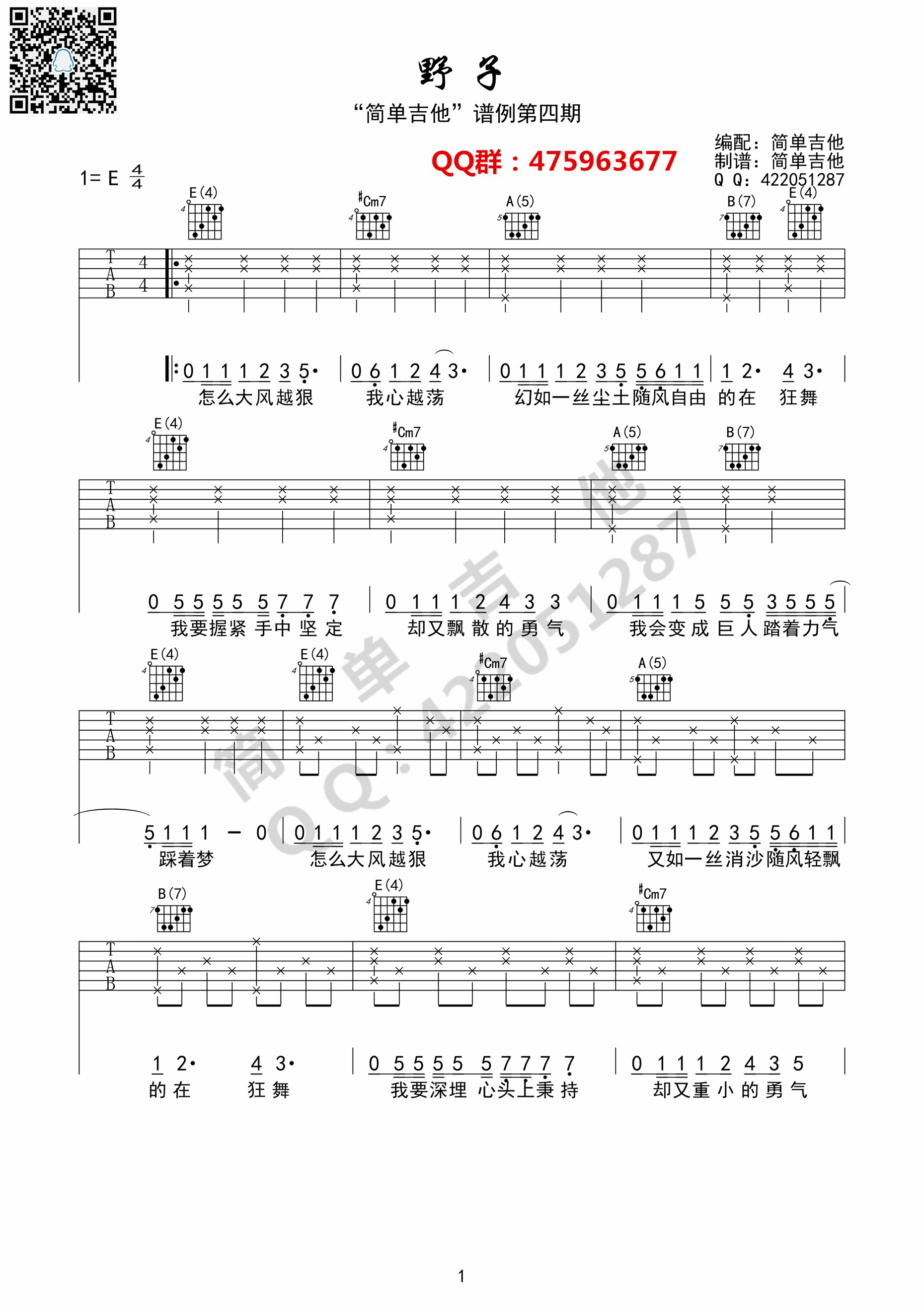 野子吉他谱 沙宝亮版（完美弹唱谱） 吉他谱