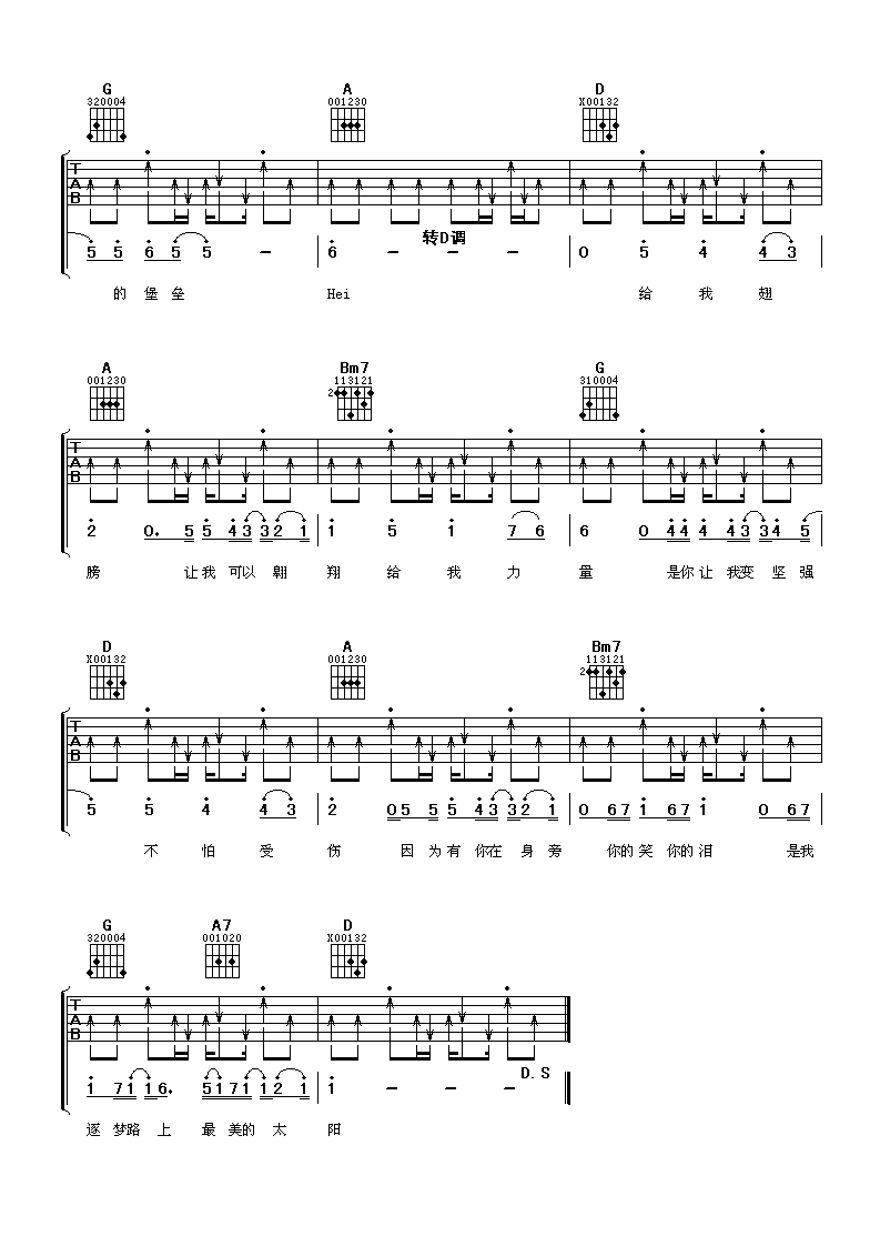 张杰 最美的太阳 吉他谱