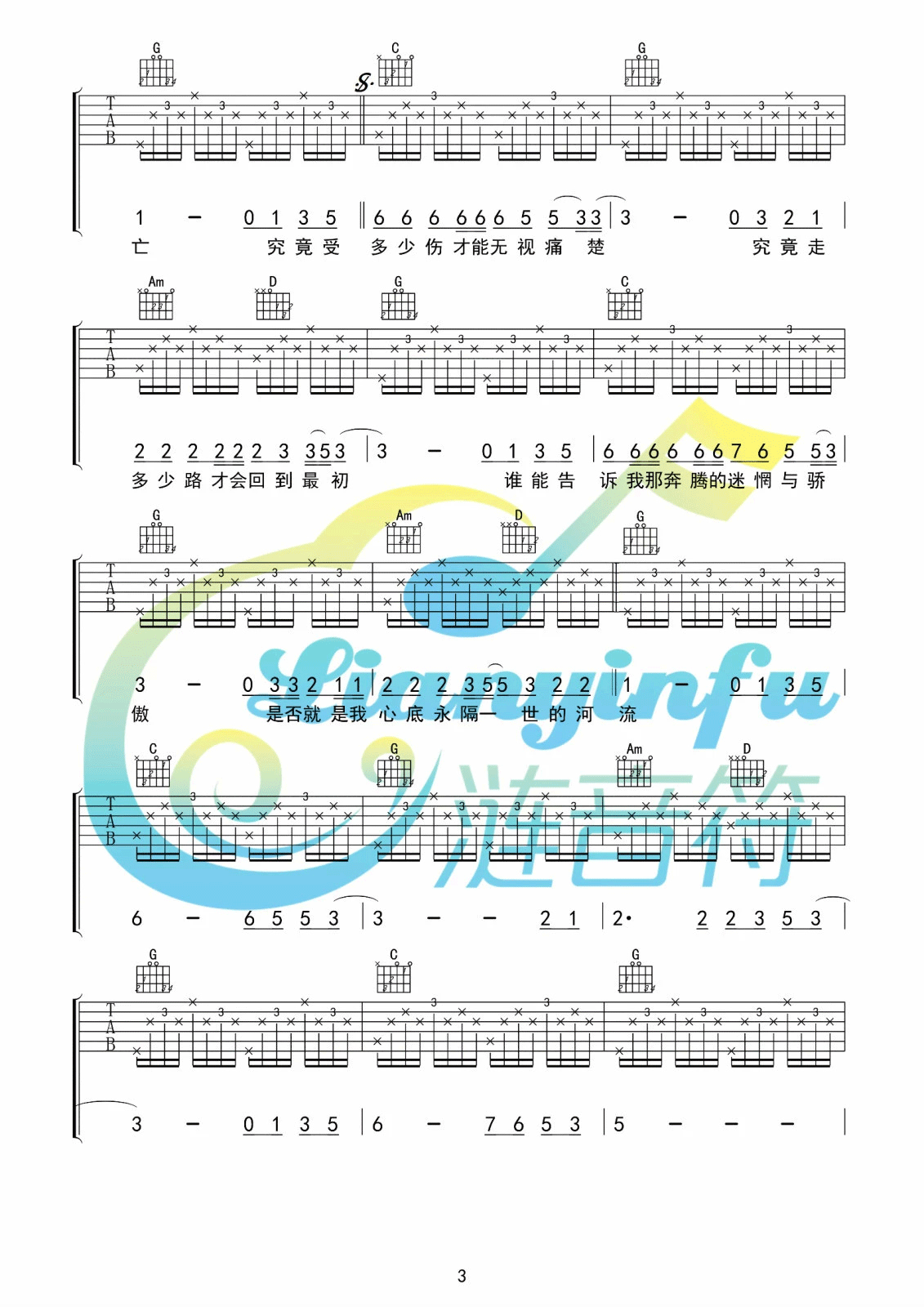 《河流》吉他谱 汪峰 G调高清弹唱谱 吉他谱