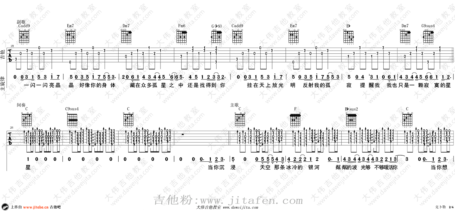 孙燕姿《克卜勒》吉他谱_C调六线谱_弹唱视频演示 吉他谱