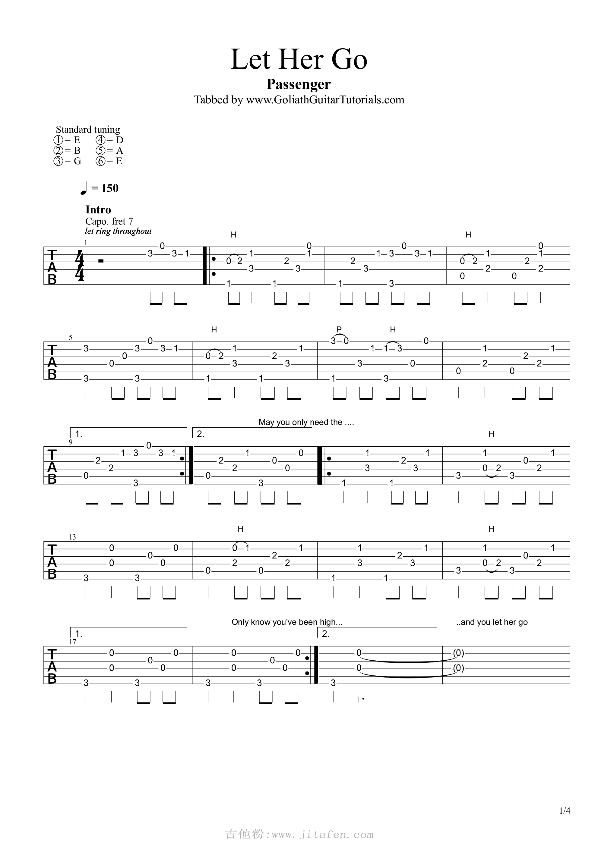 Passenger《let her go》 吉他谱