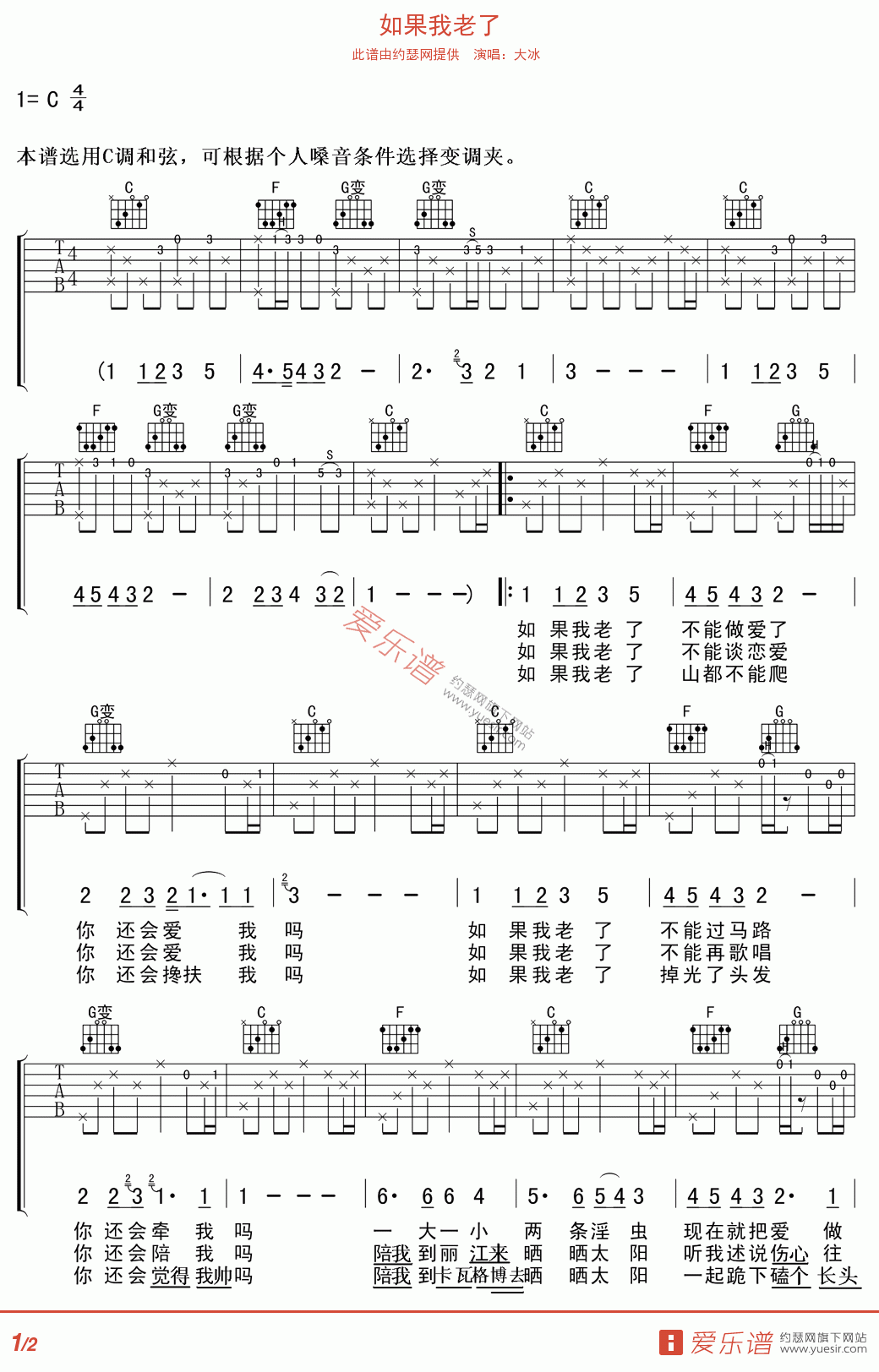 大冰《如果我老了》 吉他谱