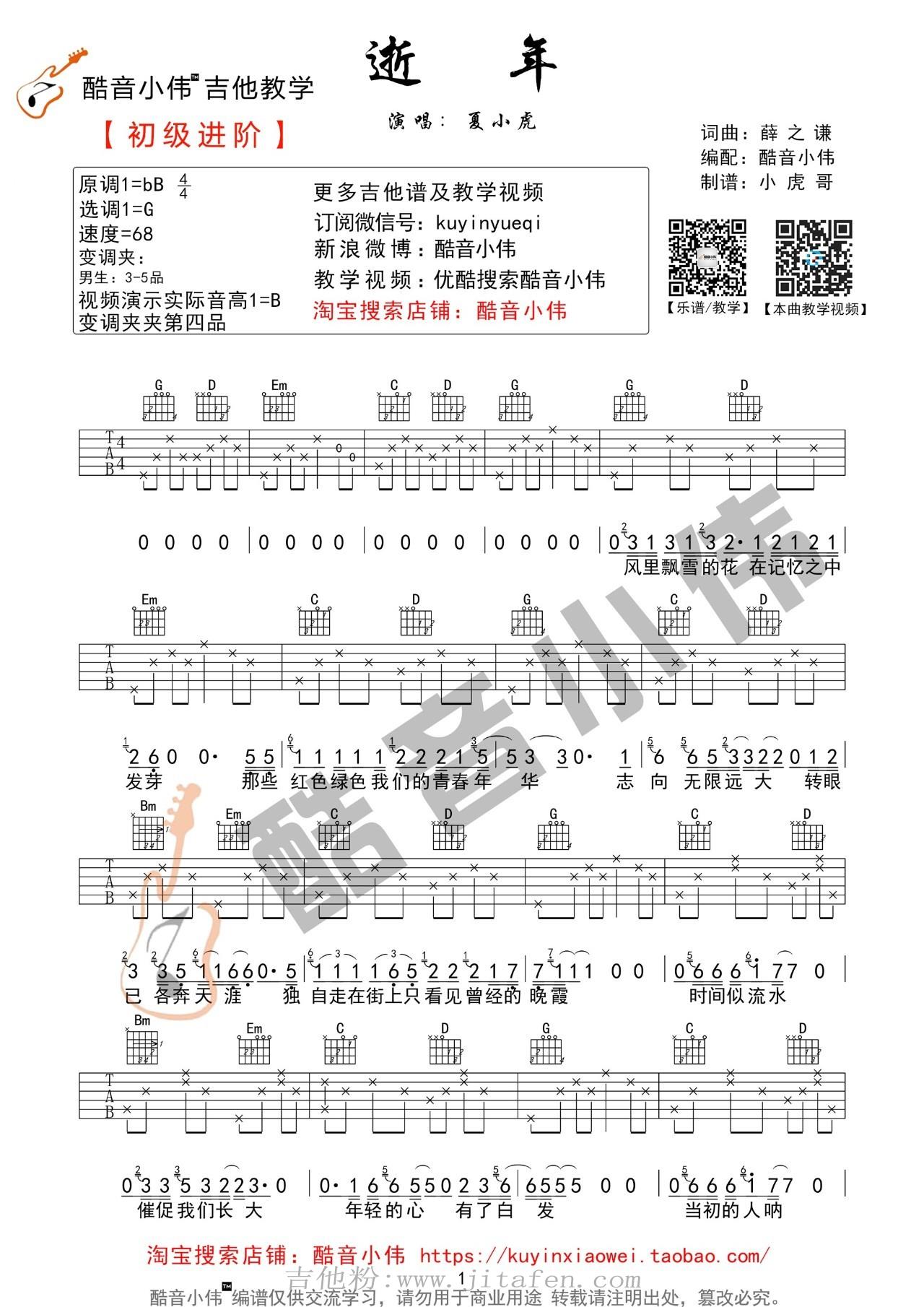 夏小虎《逝年》吉他弹唱教学 吉他谱